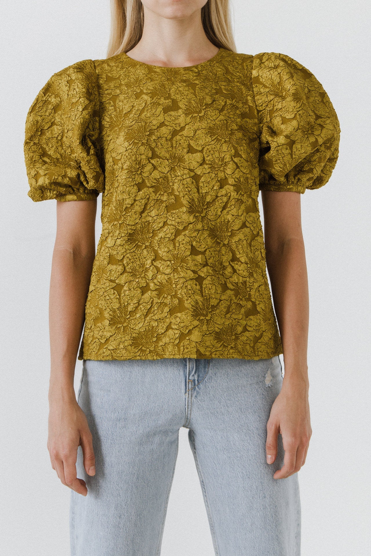 ENDLESS ROSE - Floral Jacquard Puff Sleeve Top - SHIRTS & BLOUSES available at Objectrare