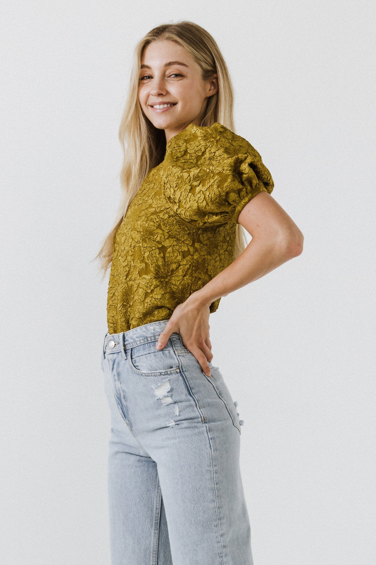 ENDLESS ROSE - Floral Jacquard Puff Sleeve Top - SHIRTS & BLOUSES available at Objectrare