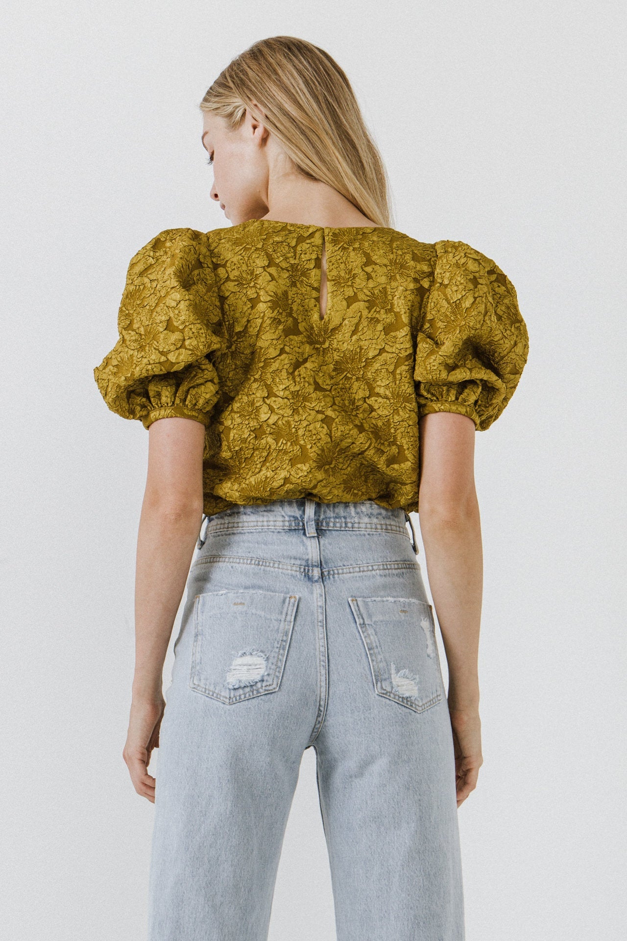 ENDLESS ROSE - Floral Jacquard Puff Sleeve Top - SHIRTS & BLOUSES available at Objectrare