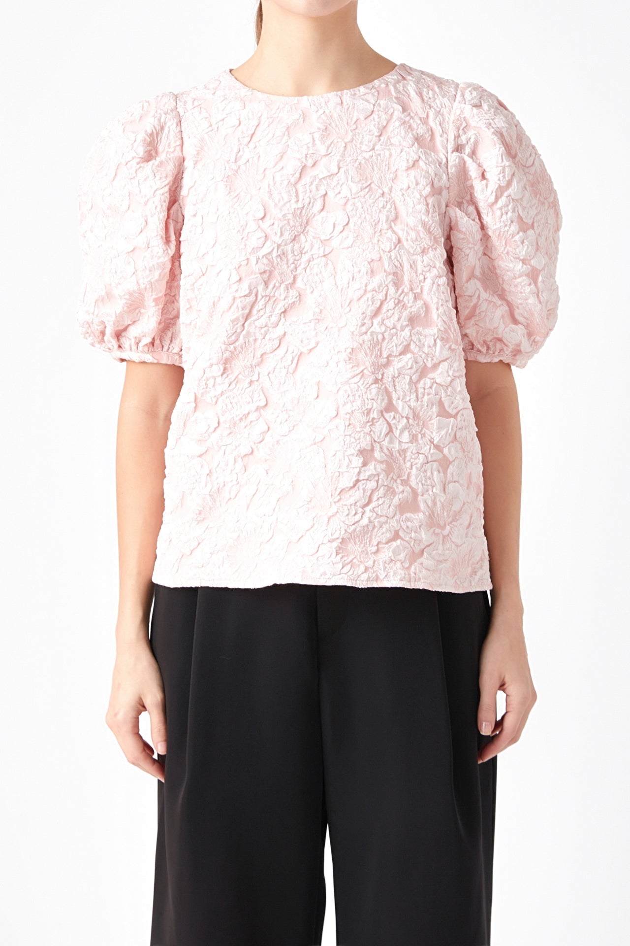 ENDLESS ROSE - Floral Jacquard Puff Sleeve Top - SHIRTS & BLOUSES available at Objectrare