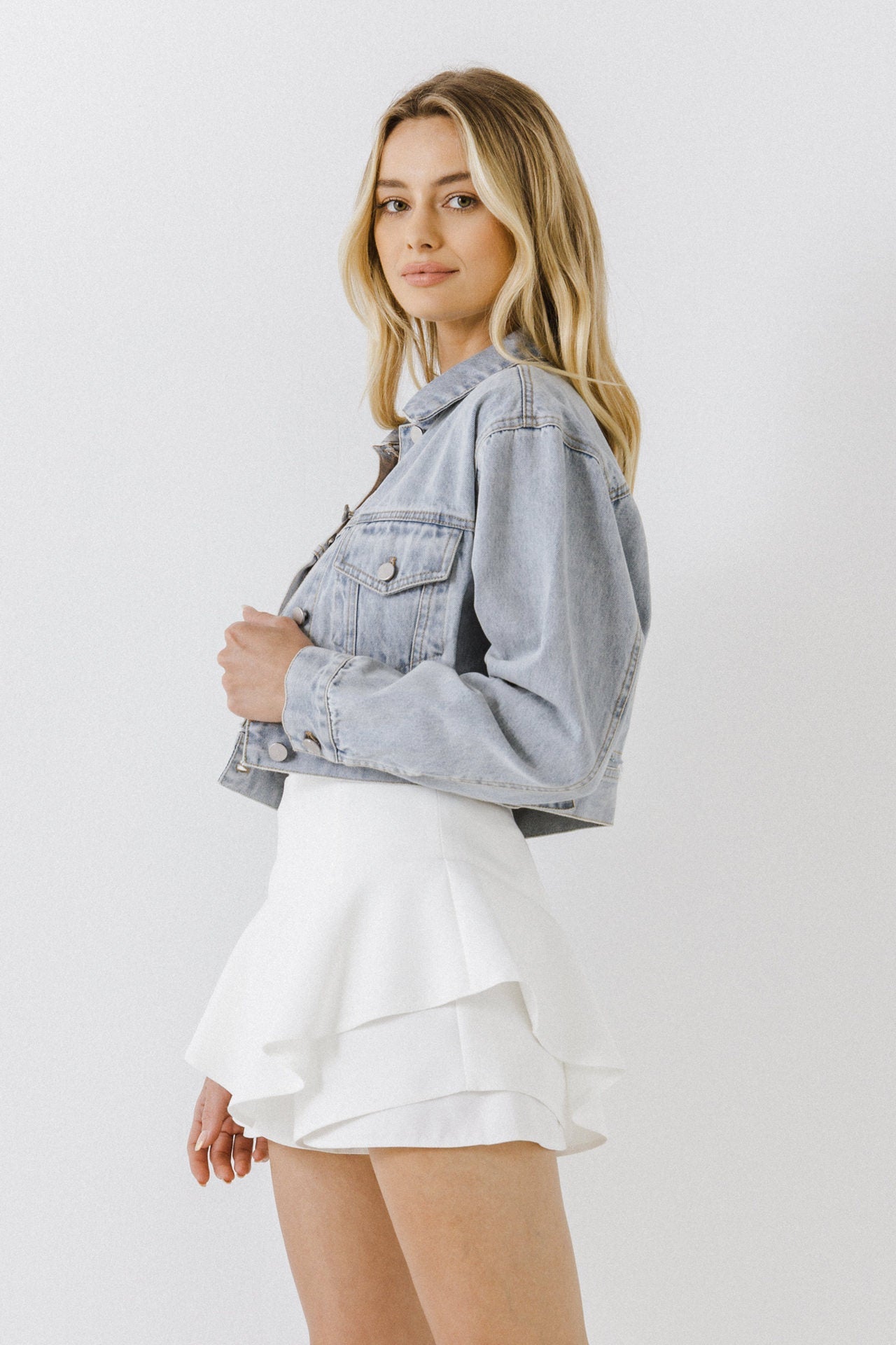 ENGLISH FACTORY - Plaid Patch with Cropped Denim Jacket - JACKETS available at Objectrare