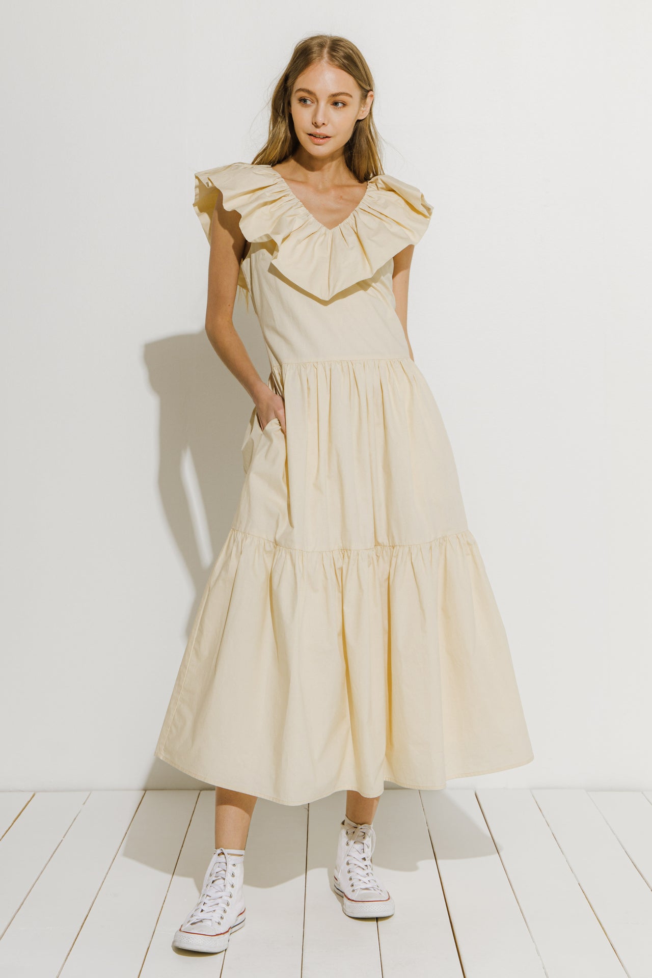 Ruffled Neck Sleeveless Midi Dress