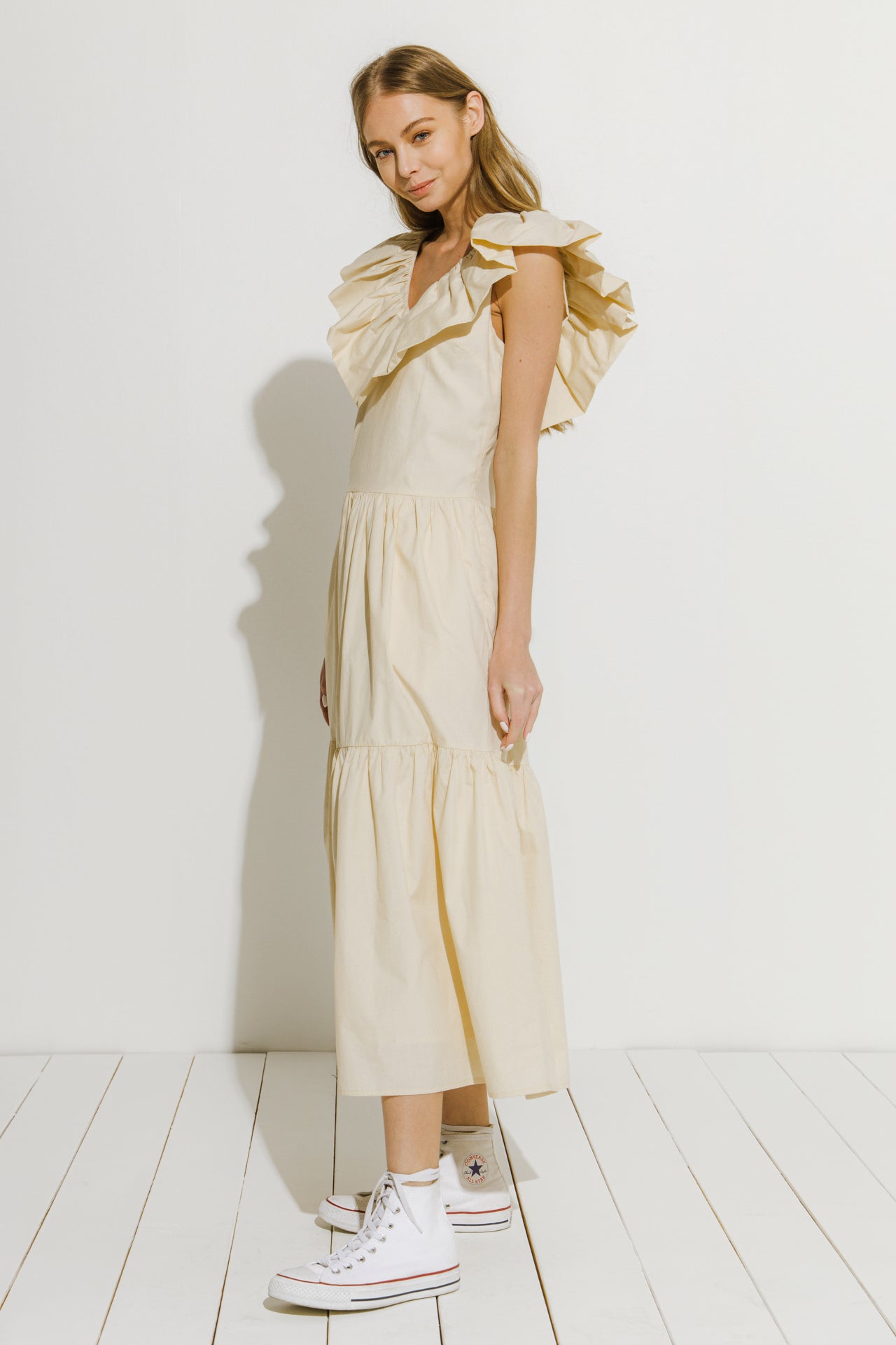 Ruffled Neck Sleeveless Midi Dress
