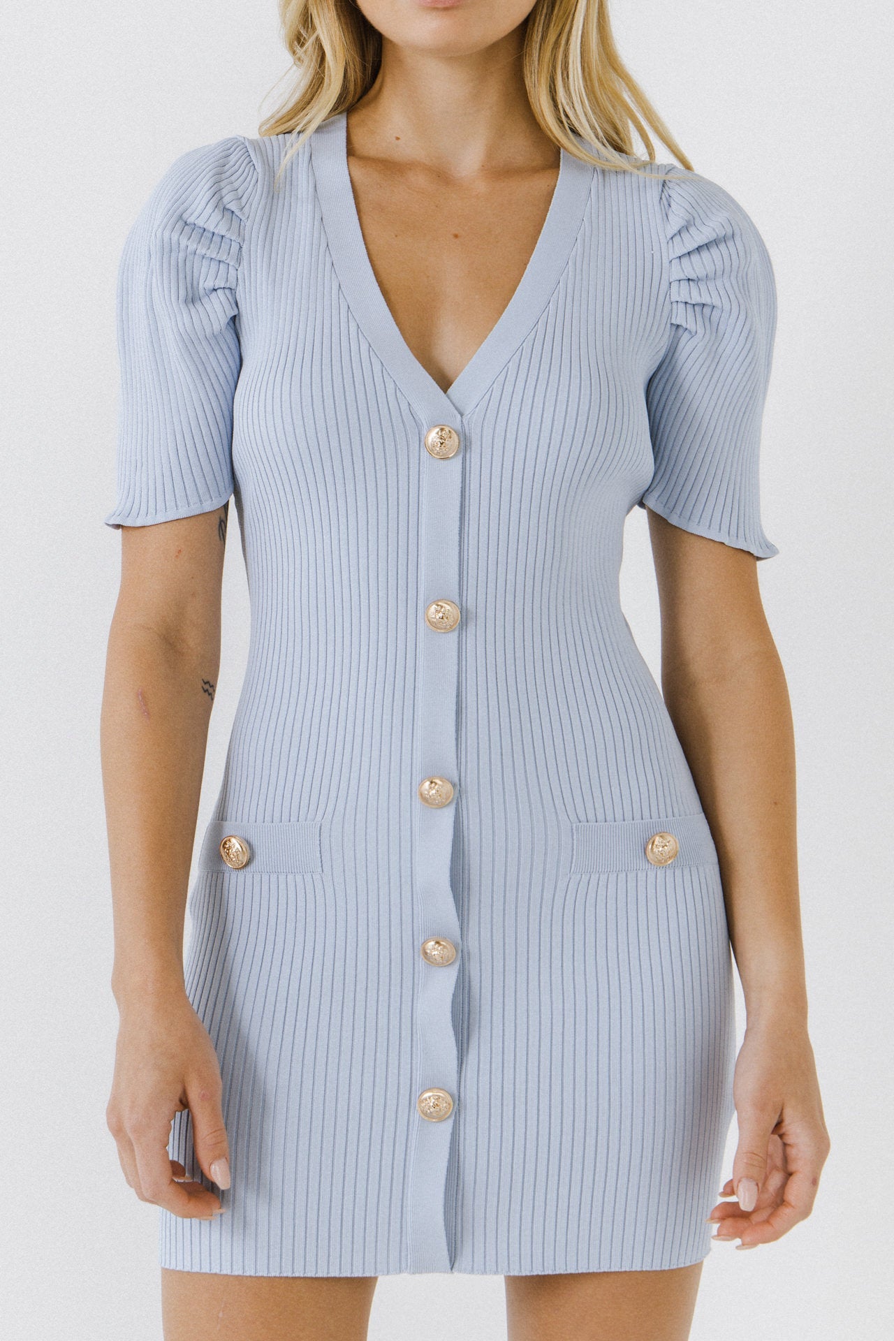 ENDLESS ROSE - Short Puff Sleeve Knit Mini Dress - DRESSES available at Objectrare