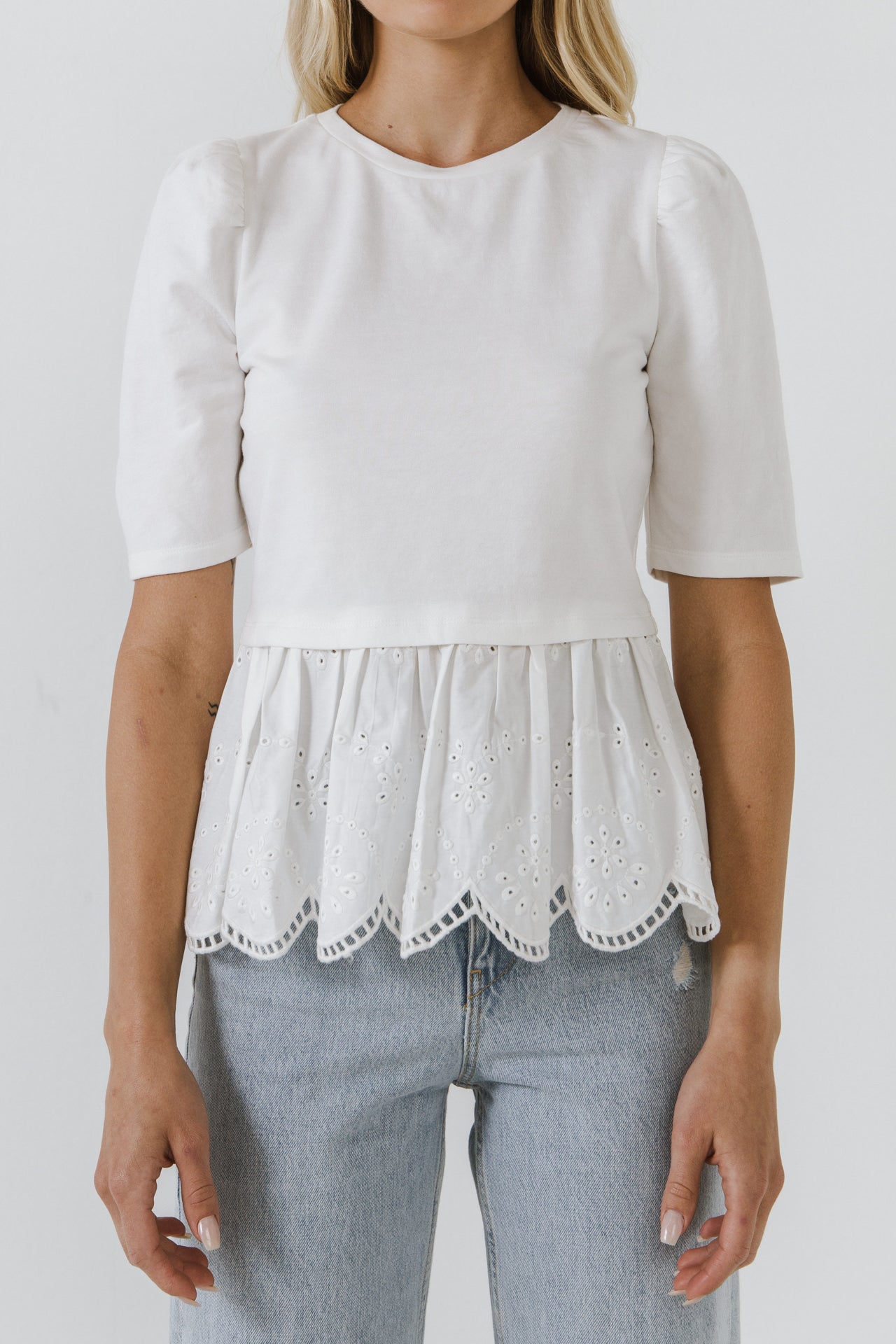 Mixed Media Eyelet Scallop Top