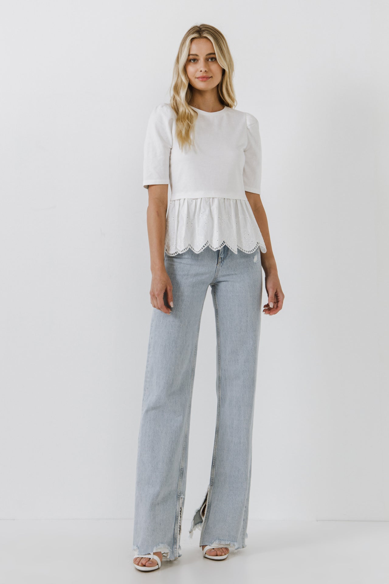 Mixed Media Eyelet Scallop Top