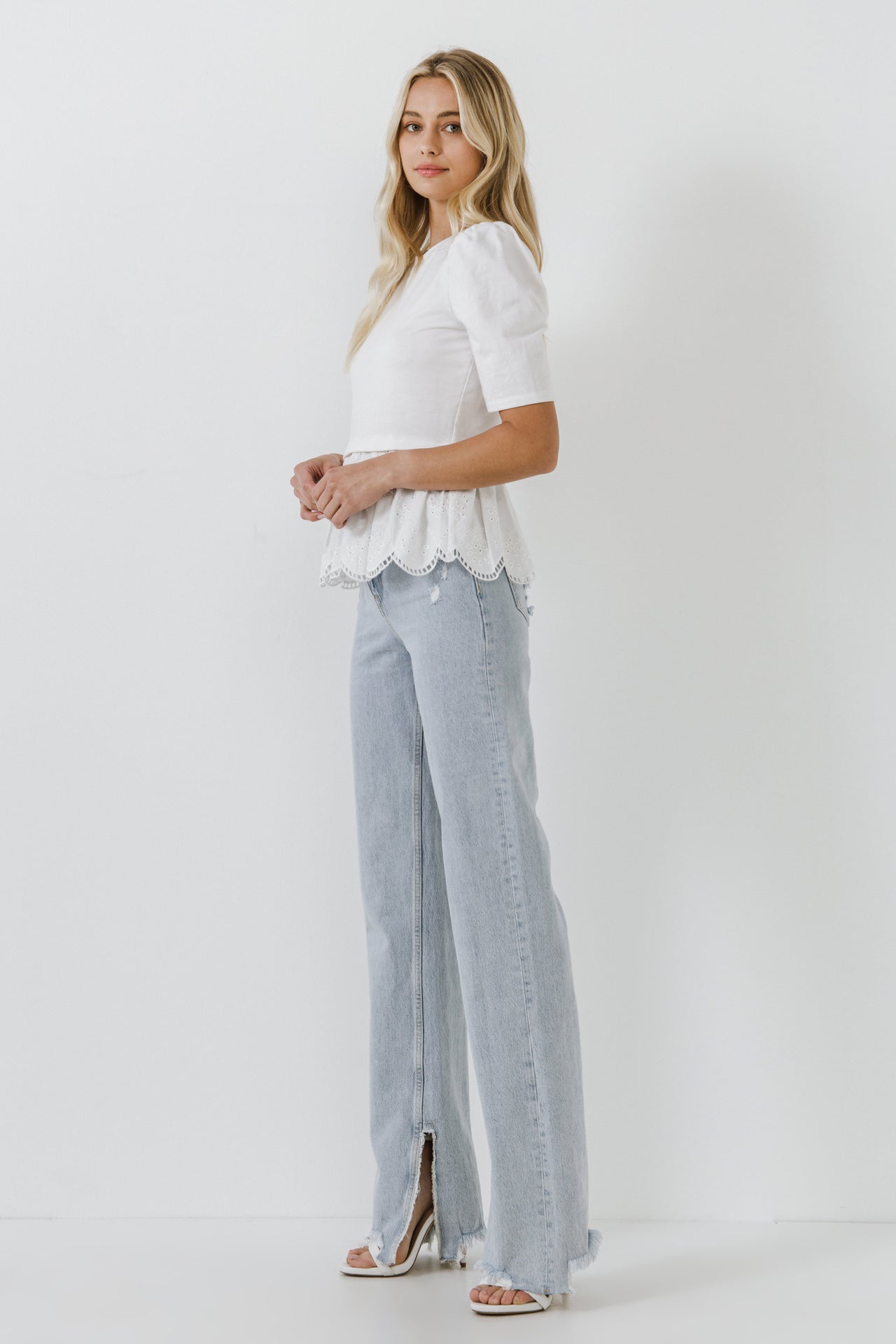 Mixed Media Eyelet Scallop Top
