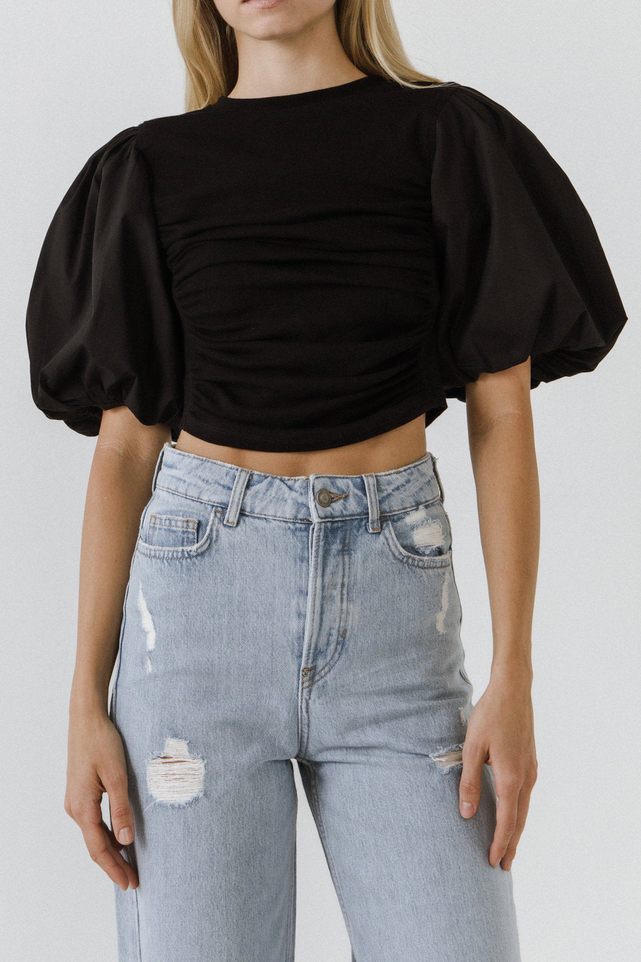 ENGLISH FACTORY - Mixed Media Shirred Puff Sleeve Top - TOPS available at Objectrare