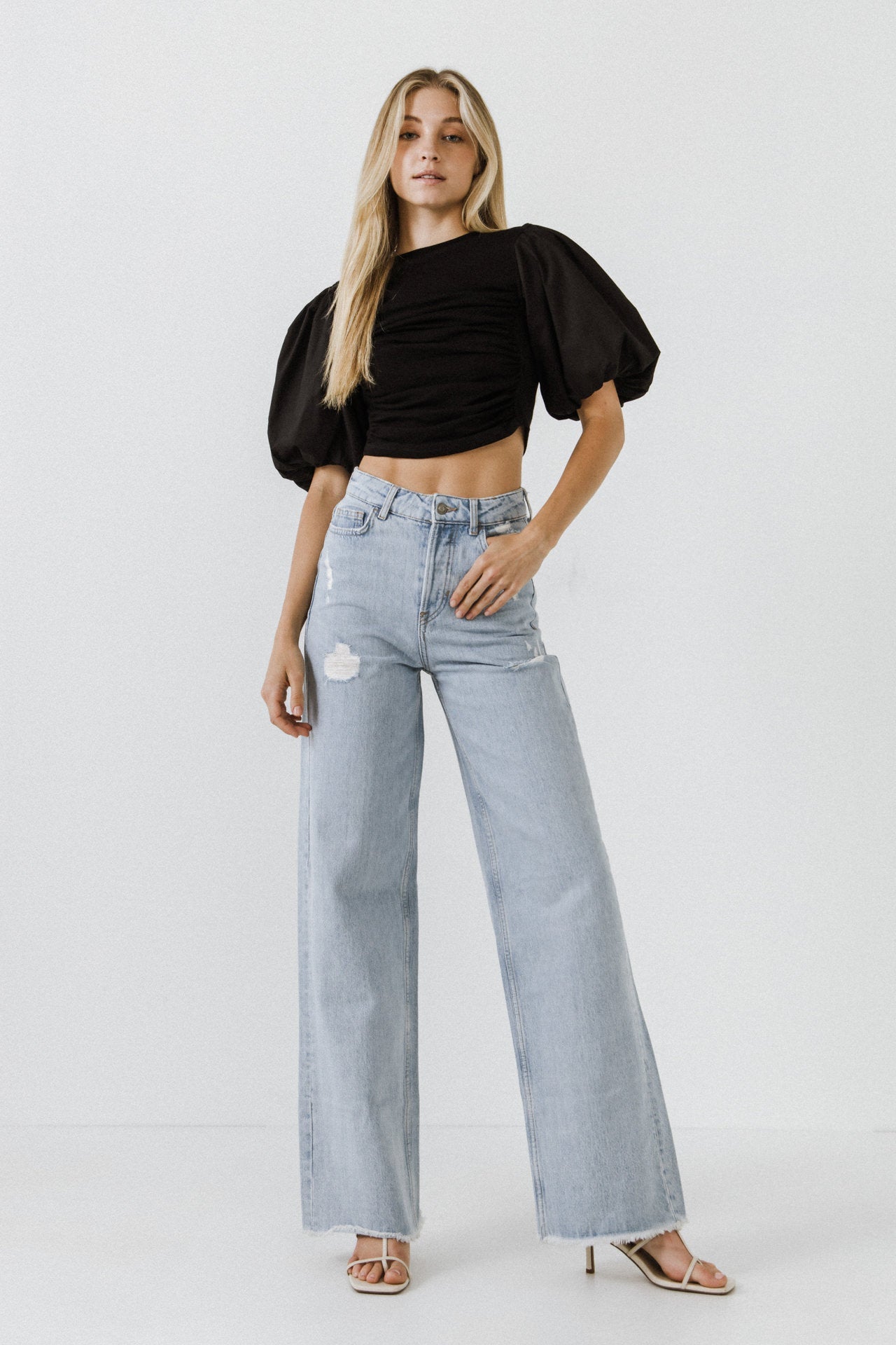 ENGLISH FACTORY - Mixed Media Shirred Puff Sleeve Top - TOPS available at Objectrare