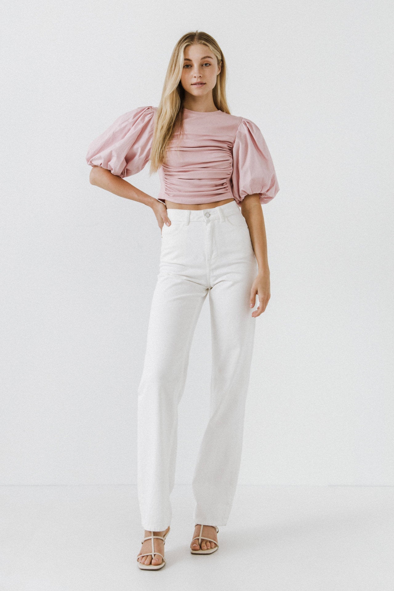 ENGLISH FACTORY - Mixed Media Shirred Puff Sleeve Top - TOPS available at Objectrare