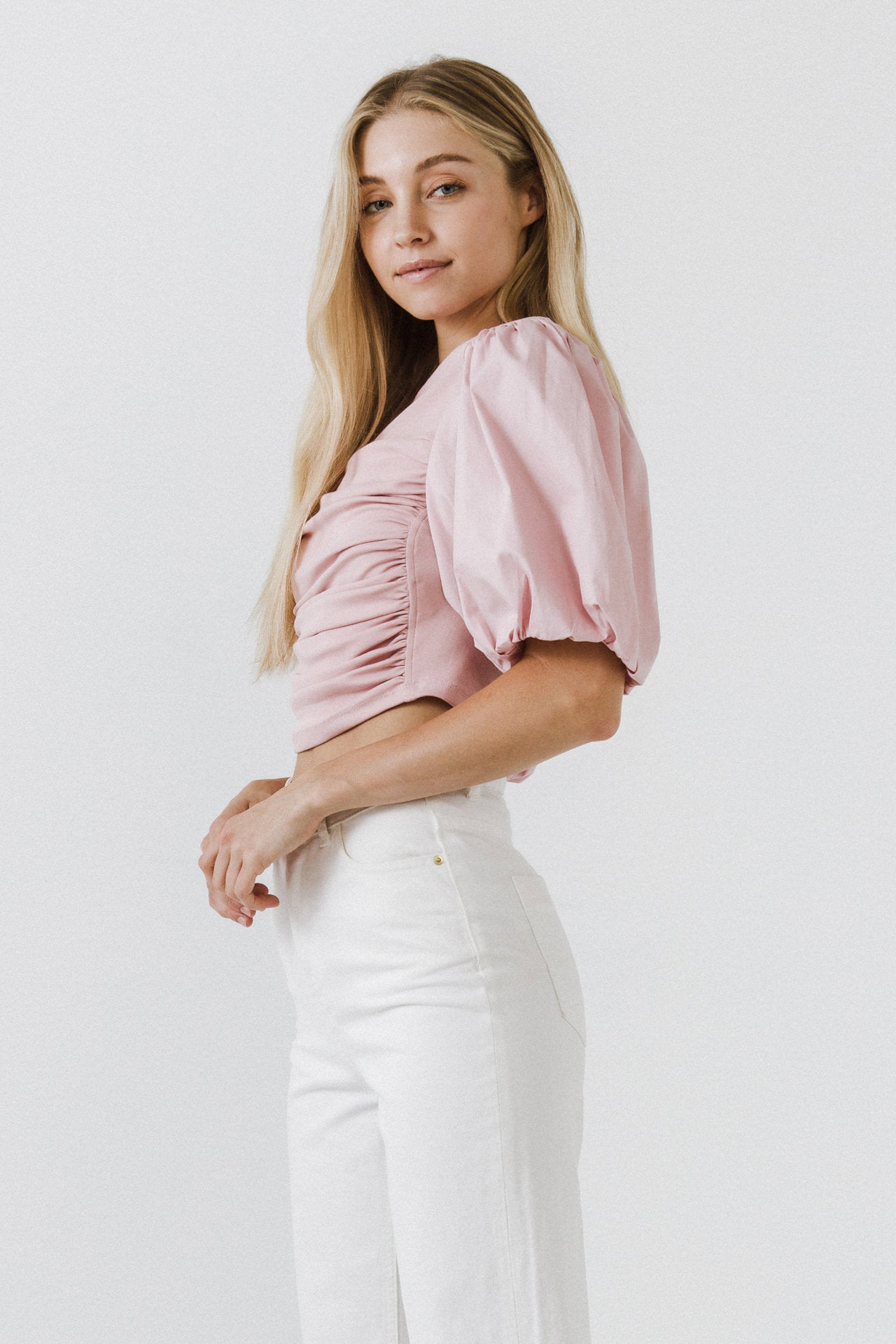 ENGLISH FACTORY - Mixed Media Shirred Puff Sleeve Top - TOPS available at Objectrare