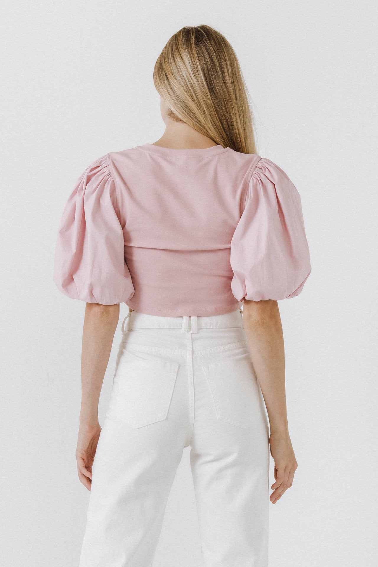 ENGLISH FACTORY - Mixed Media Shirred Puff Sleeve Top - TOPS available at Objectrare