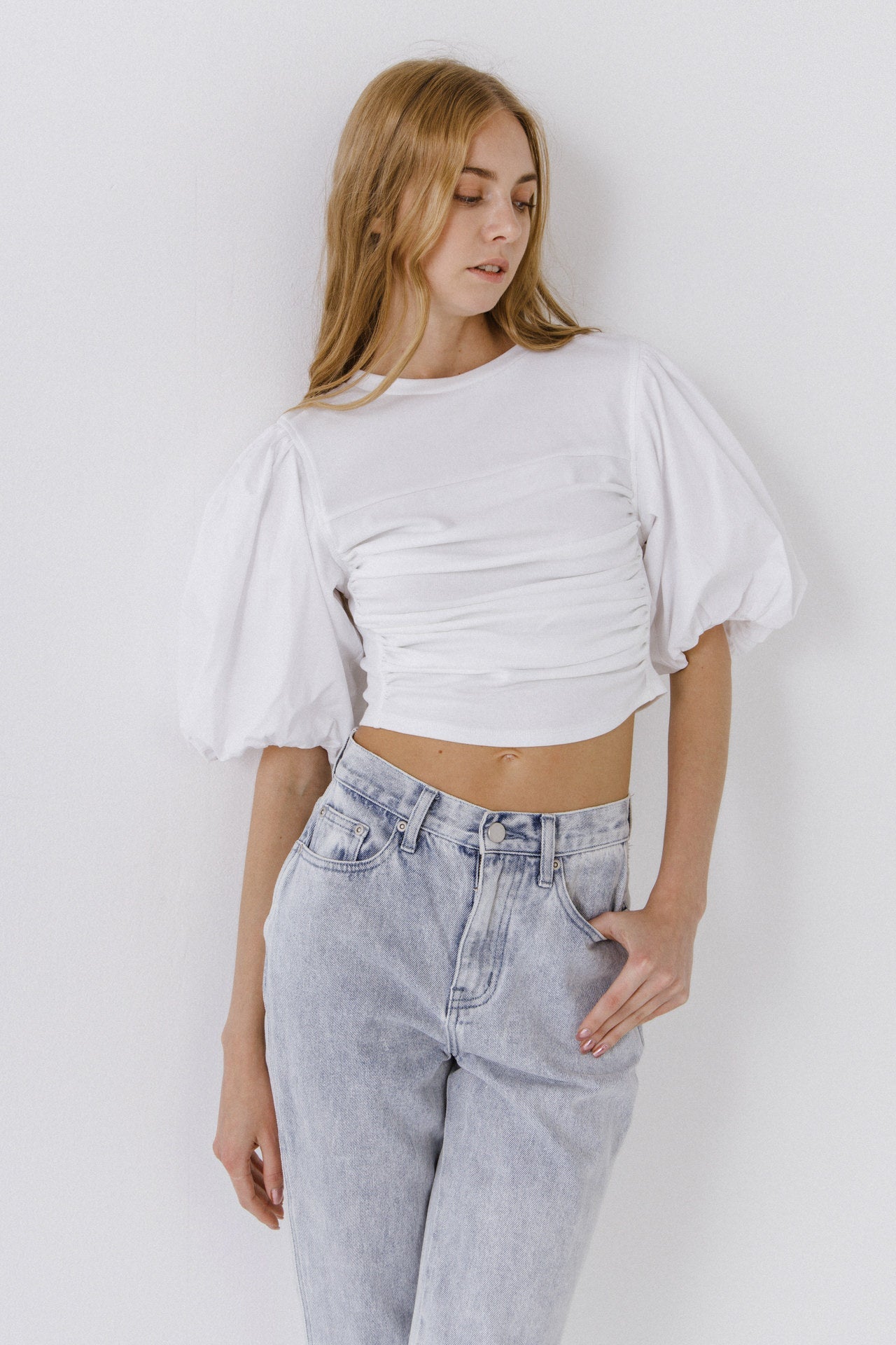 ENGLISH FACTORY - Mixed Media Shirred Puff Sleeve Top - TOPS available at Objectrare