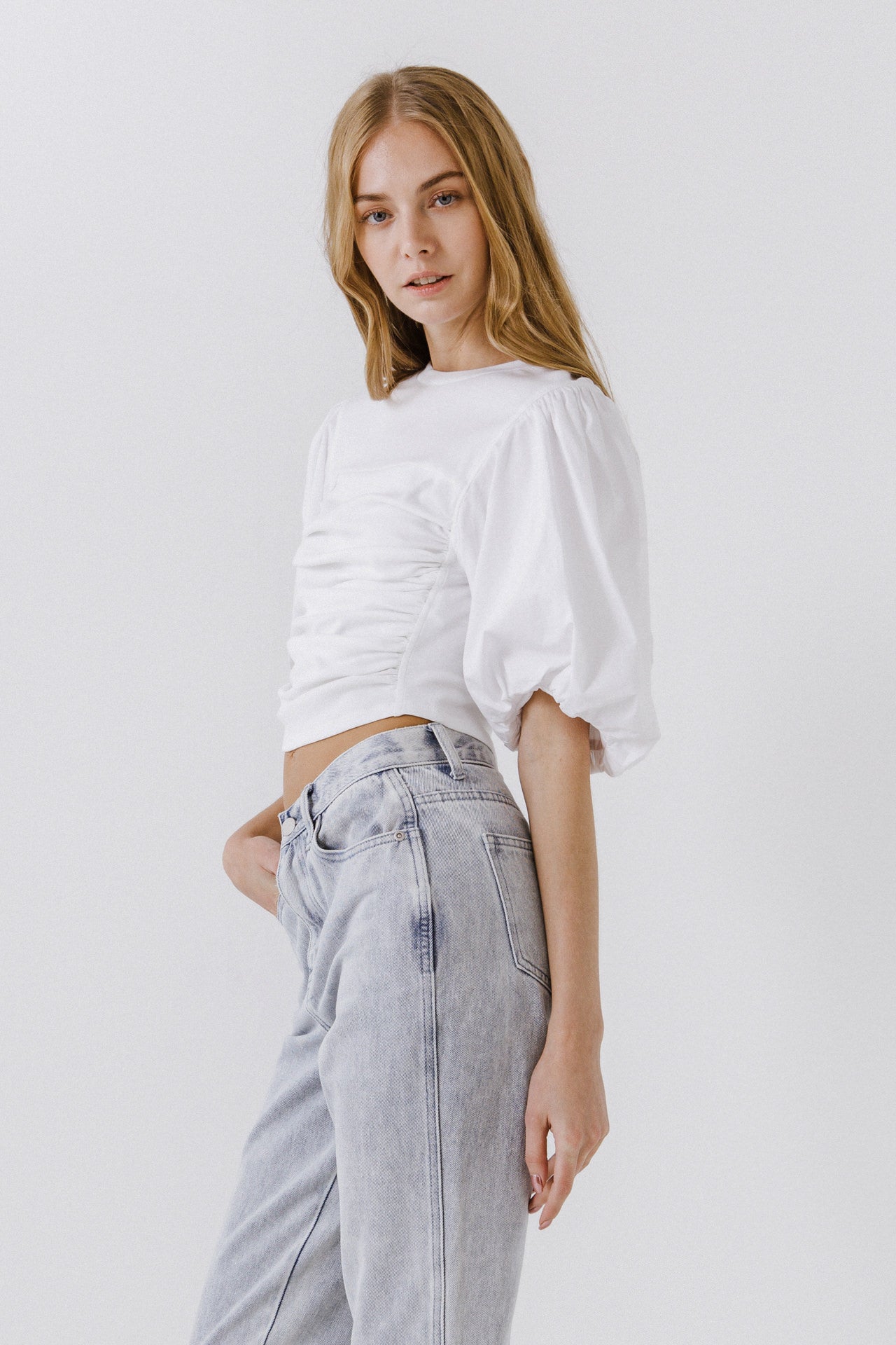 ENGLISH FACTORY - Mixed Media Shirred Puff Sleeve Top - TOPS available at Objectrare