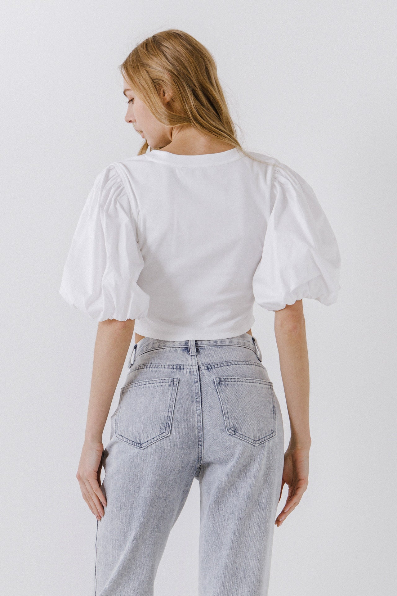 ENGLISH FACTORY - Mixed Media Shirred Puff Sleeve Top - TOPS available at Objectrare