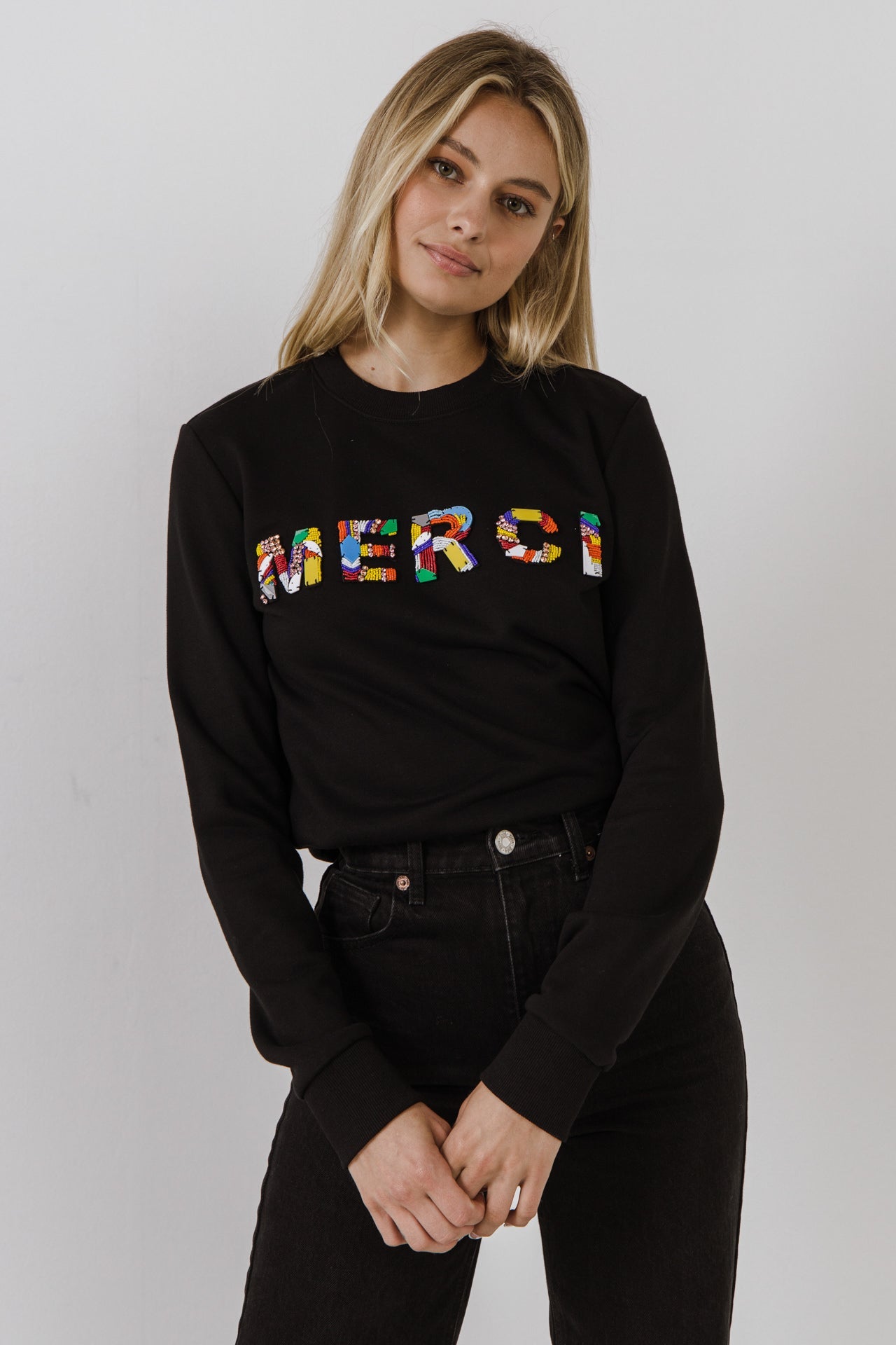 ENDLESS ROSE - Merci Lettering Beads Sweatshirt - TOPS available at Objectrare