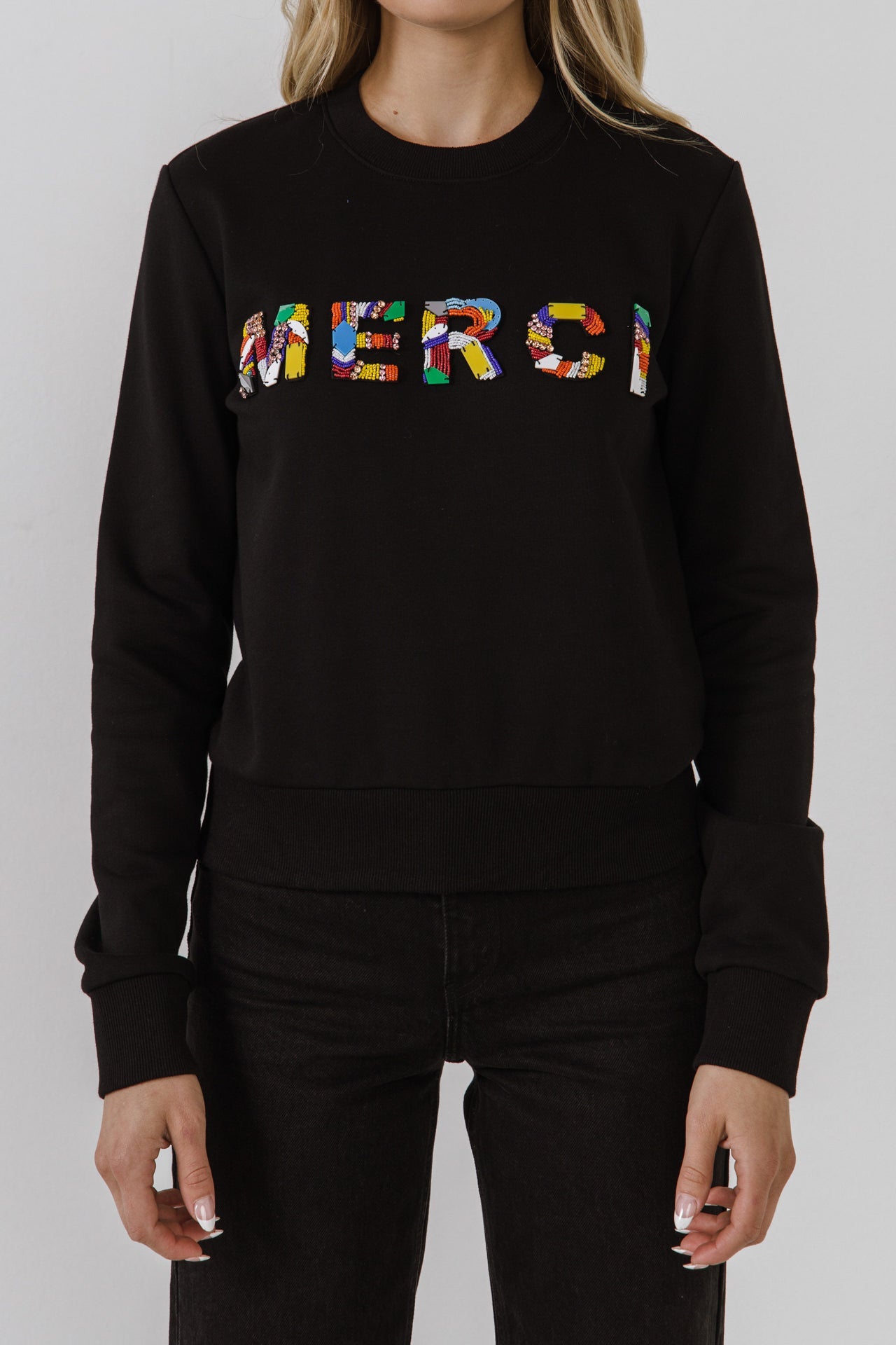 ENDLESS ROSE - Merci Lettering Beads Sweatshirt - TOPS available at Objectrare