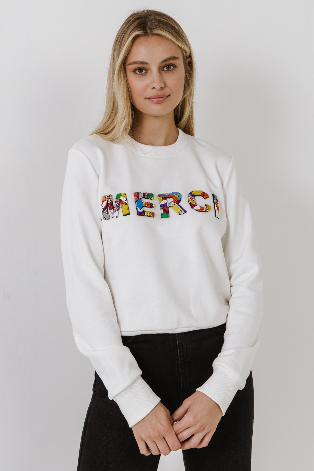 ENDLESS ROSE - Merci Lettering Beads Sweatshirt - TOPS available at Objectrare