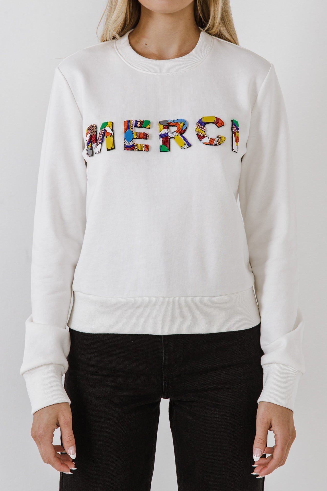 ENDLESS ROSE - Merci Lettering Beads Sweatshirt - TOPS available at Objectrare