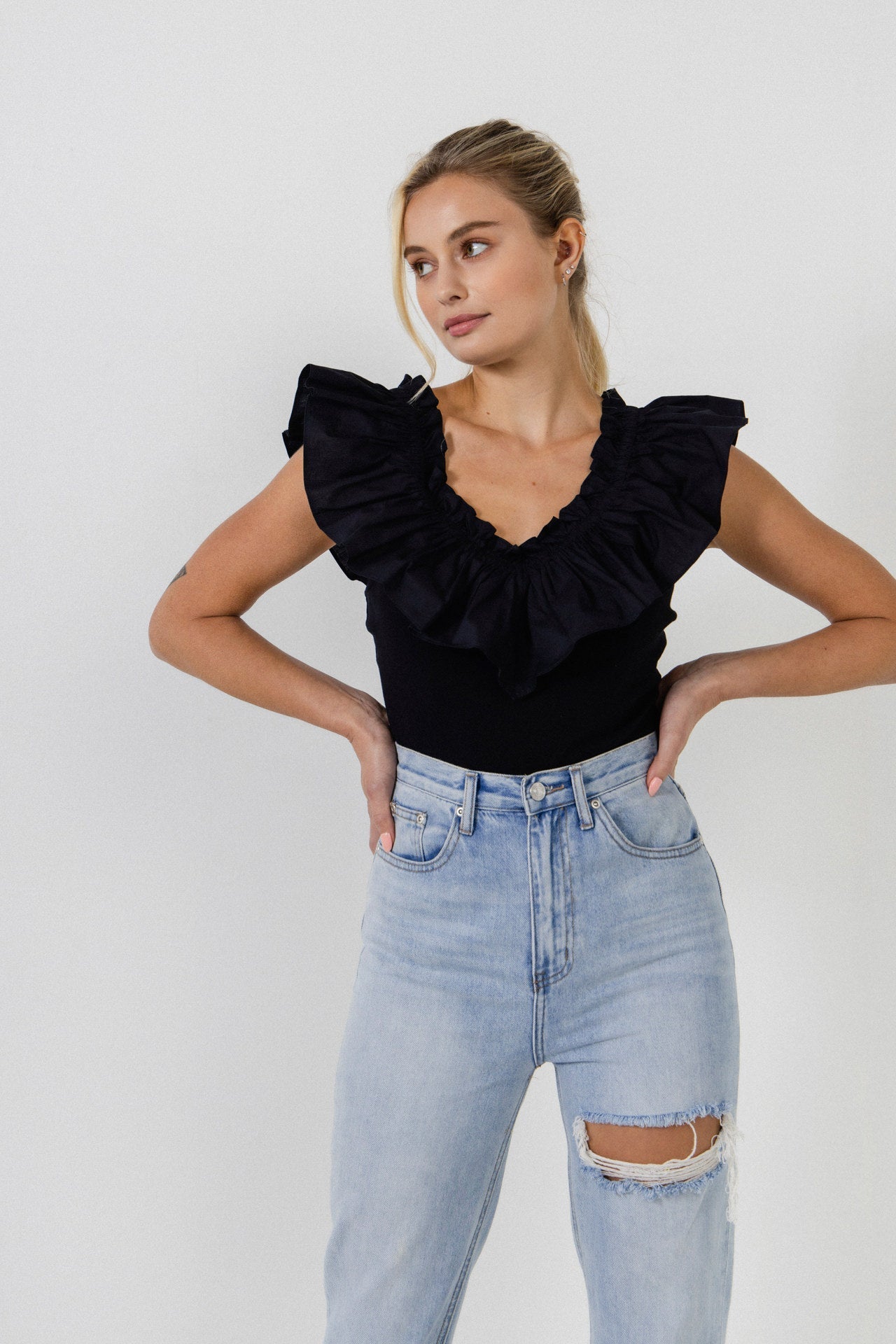 ENGLISH FACTORY - Mixed Media Ruffle Detail Tank Top - TOPS available at Objectrare
