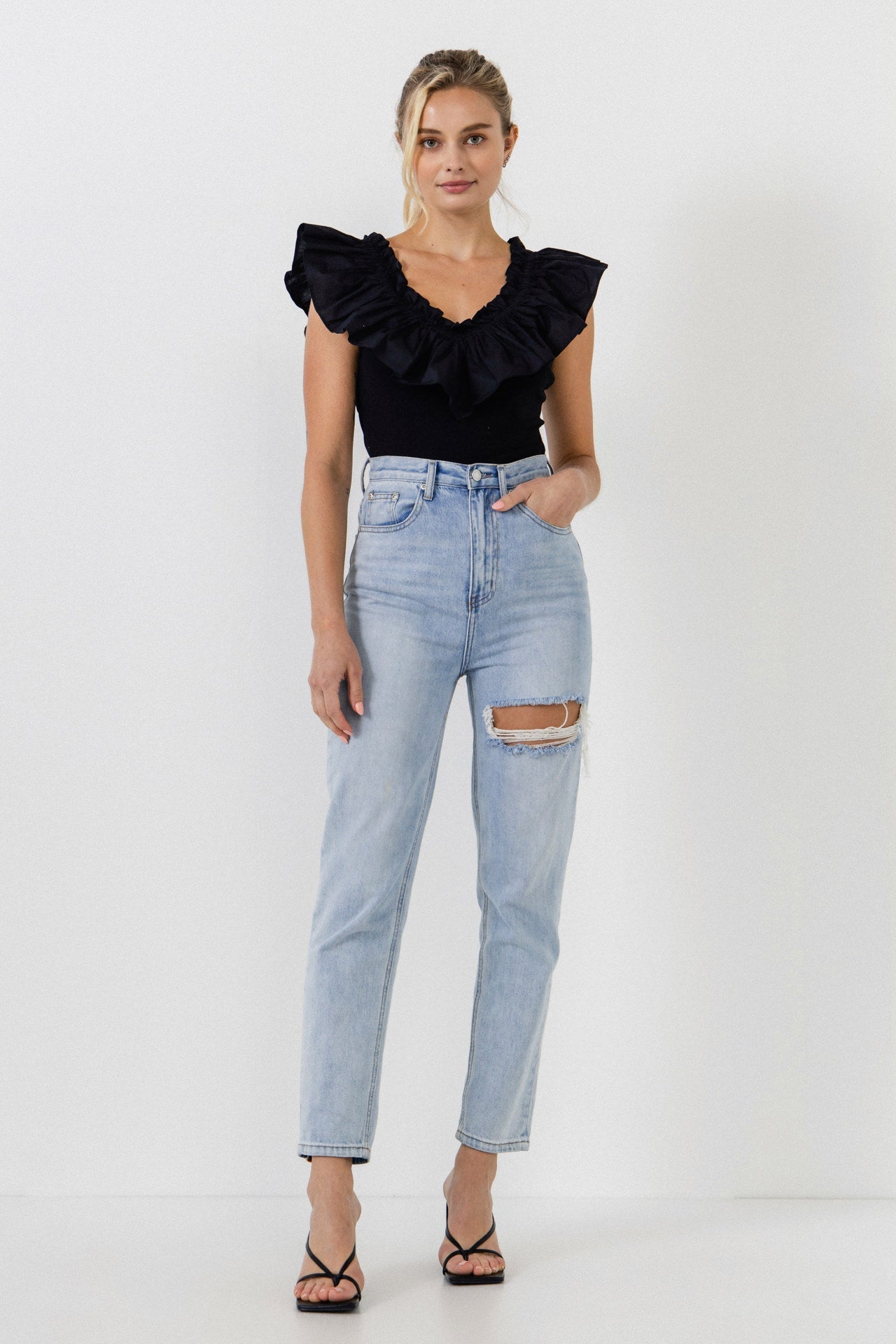 ENGLISH FACTORY - Mixed Media Ruffle Detail Tank Top - TOPS available at Objectrare