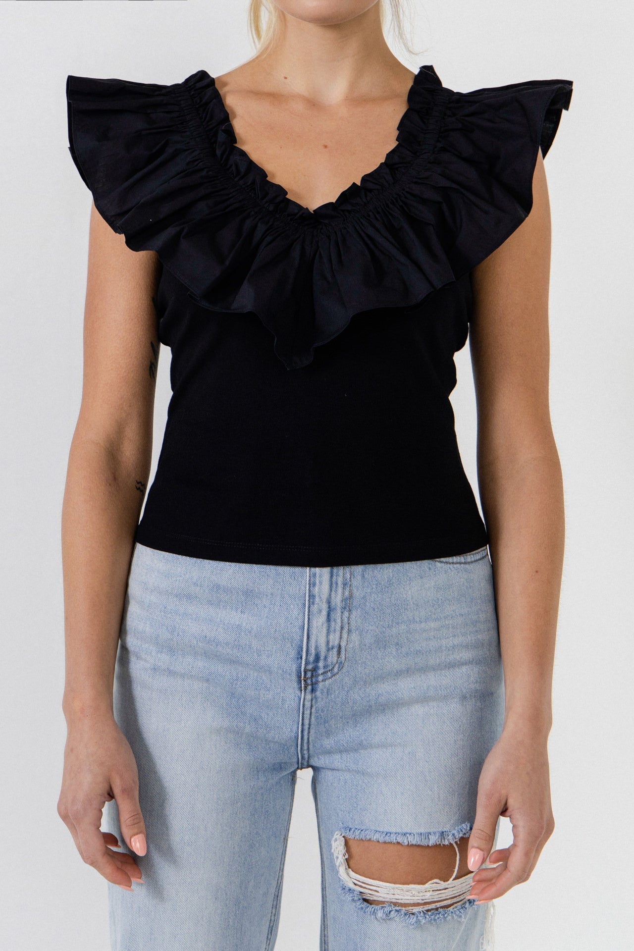 ENGLISH FACTORY - Mixed Media Ruffle Detail Tank Top - TOPS available at Objectrare