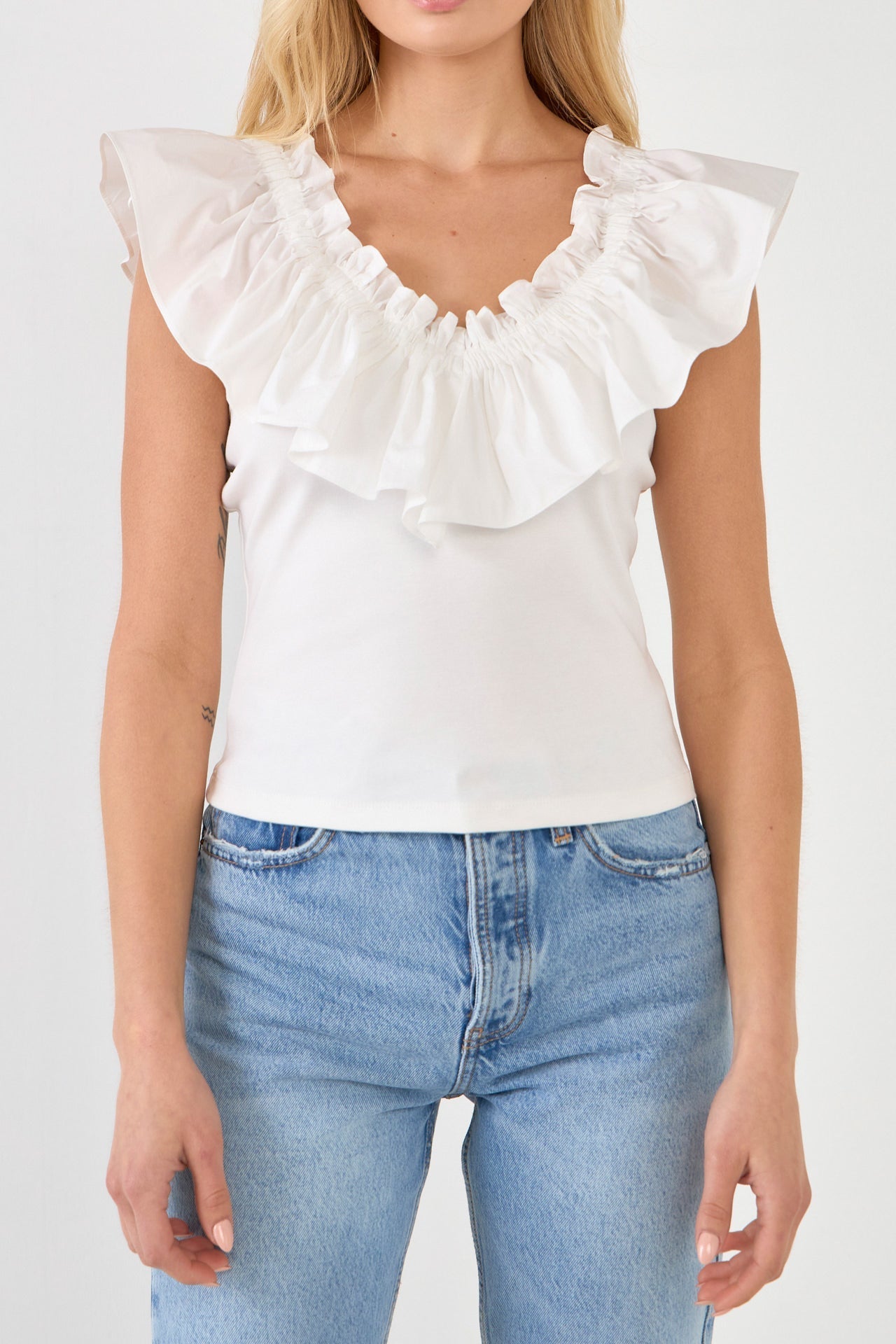 ENGLISH FACTORY - Mixed Media Ruffle Detail Tank Top - TOPS available at Objectrare
