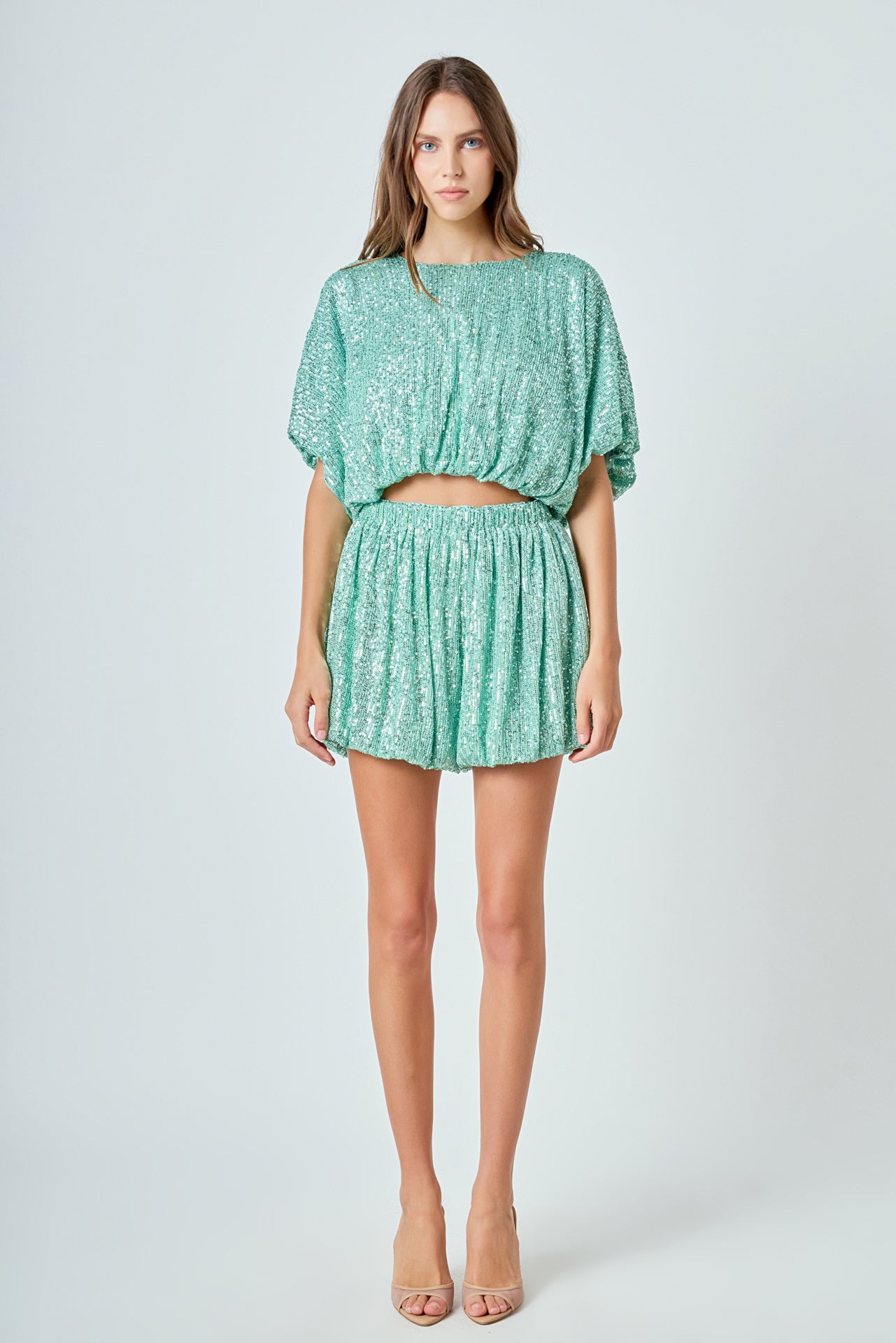 ENDLESS ROSE - Sequins Cropped Puff Top - TOPS available at Objectrare