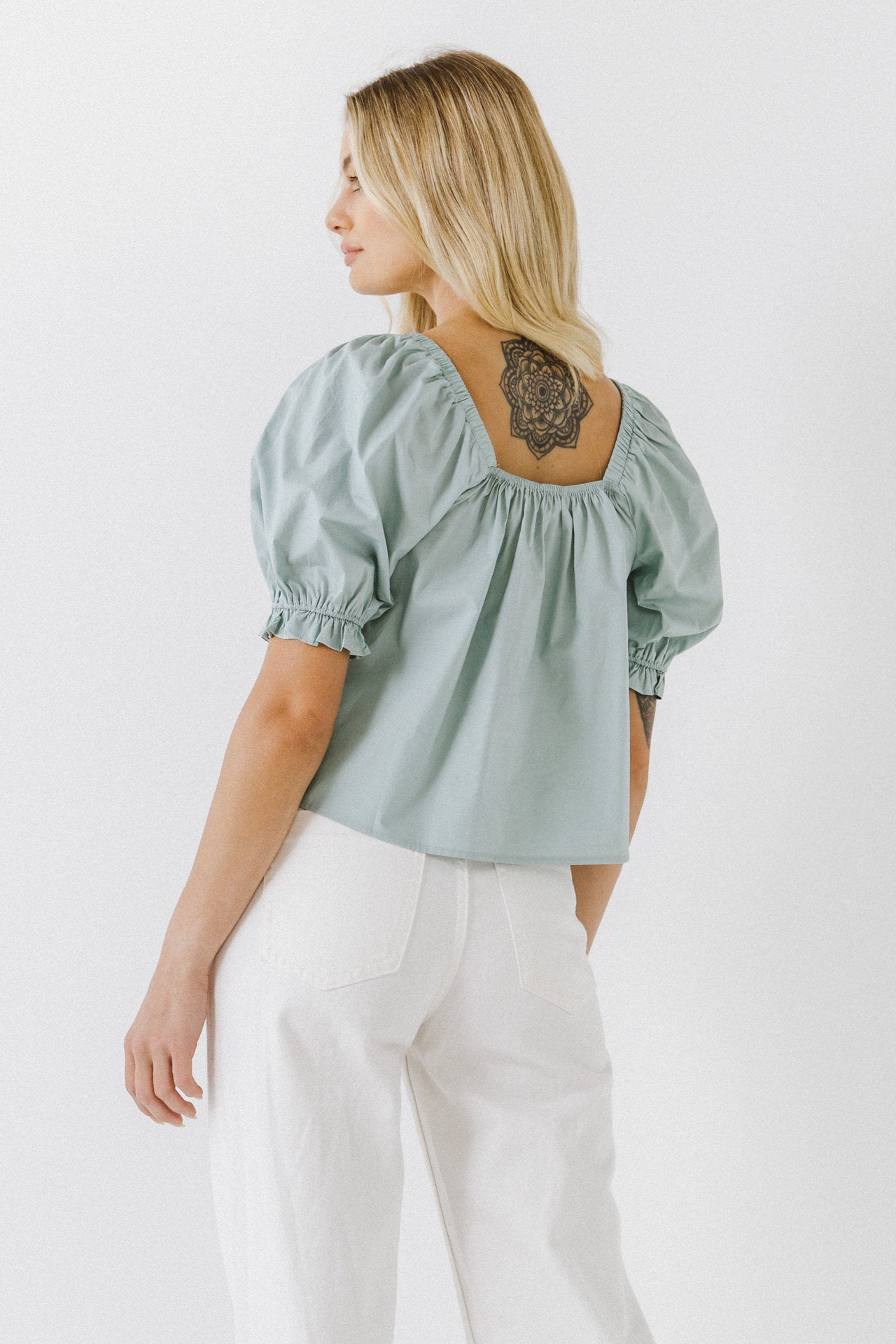 ENGLISH FACTORY - Square neckline Puff Sleeve Top - BLOUSES available at Objectrare
