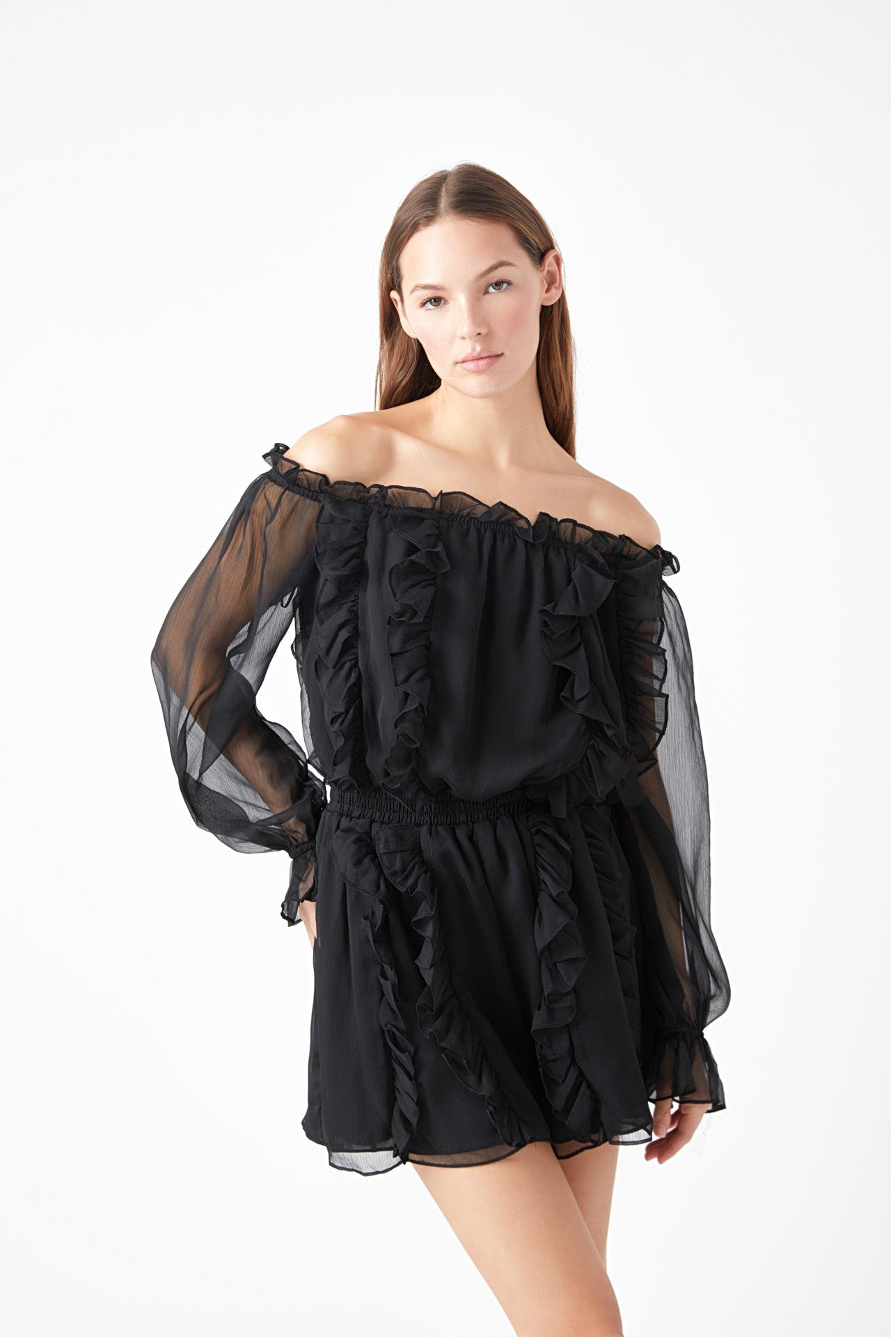 ENDLESS ROSE - Sheer Sleeves Off the Shoulder Ruffled Romper - ROMPERS available at Objectrare