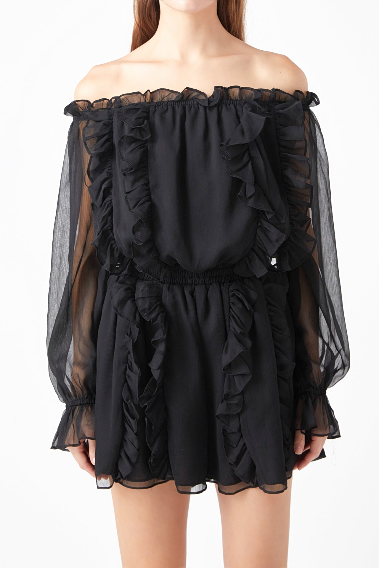 ENDLESS ROSE - Sheer Sleeves Off the Shoulder Ruffled Romper - ROMPERS available at Objectrare