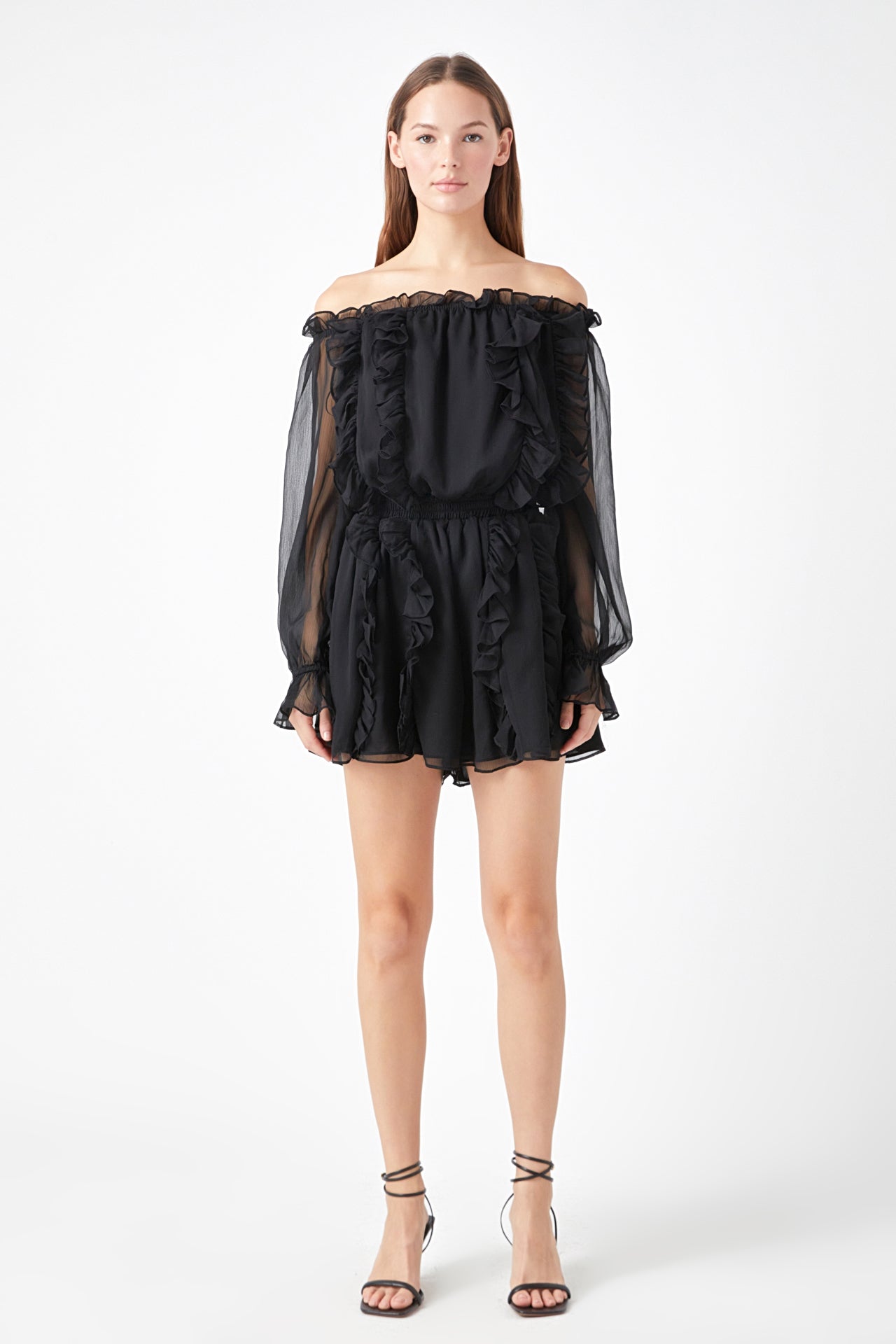 ENDLESS ROSE - Sheer Sleeves Off the Shoulder Ruffled Romper - ROMPERS available at Objectrare