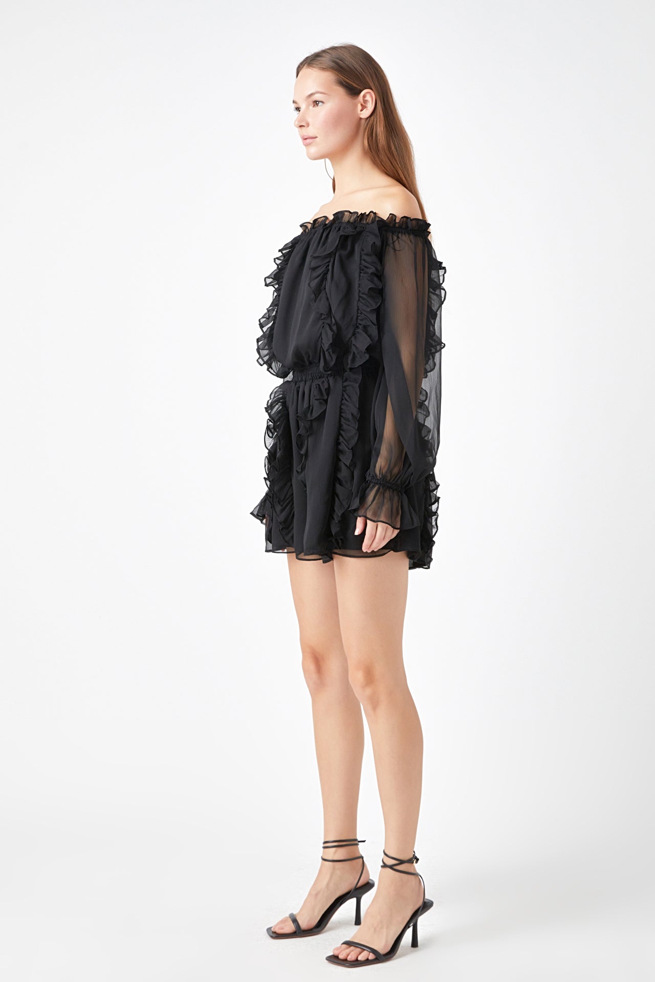 ENDLESS ROSE - Sheer Sleeves Off the Shoulder Ruffled Romper - ROMPERS available at Objectrare