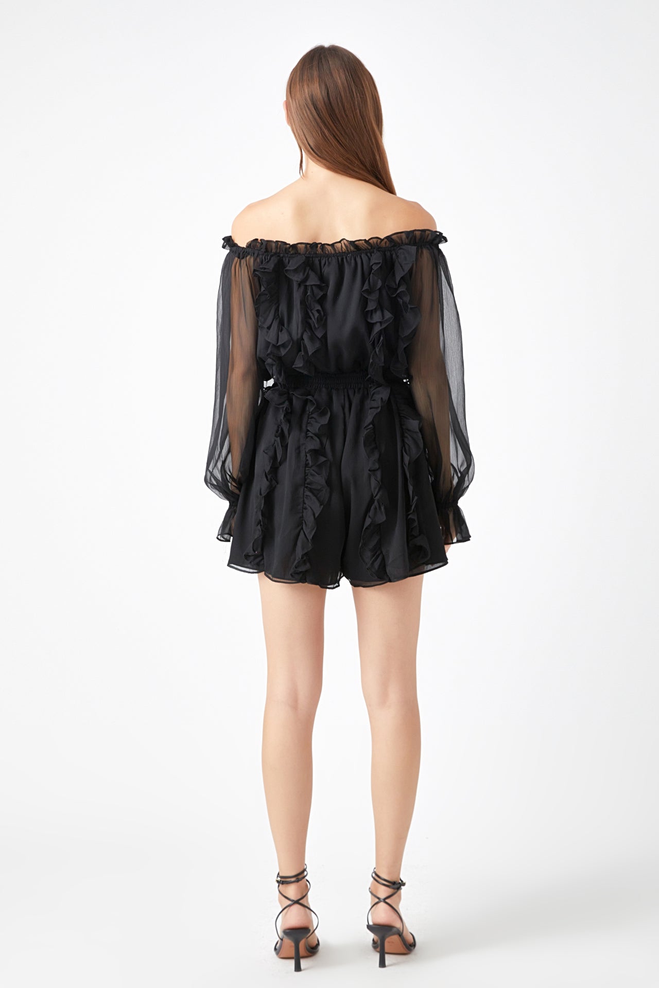 ENDLESS ROSE - Sheer Sleeves Off the Shoulder Ruffled Romper - ROMPERS available at Objectrare