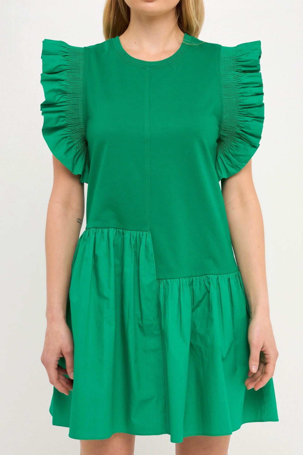 ENGLISH FACTORY - Mixed Media Ruffled Detail Mini Dress - DRESSES available at Objectrare