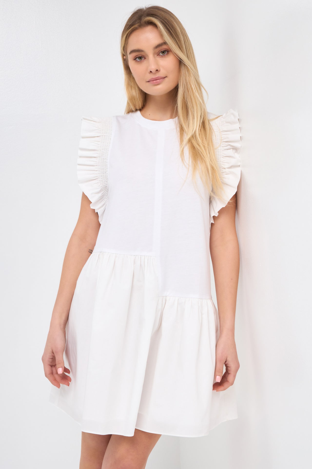 ENGLISH FACTORY - Mixed Media Ruffled Detail Mini Dress - DRESSES available at Objectrare