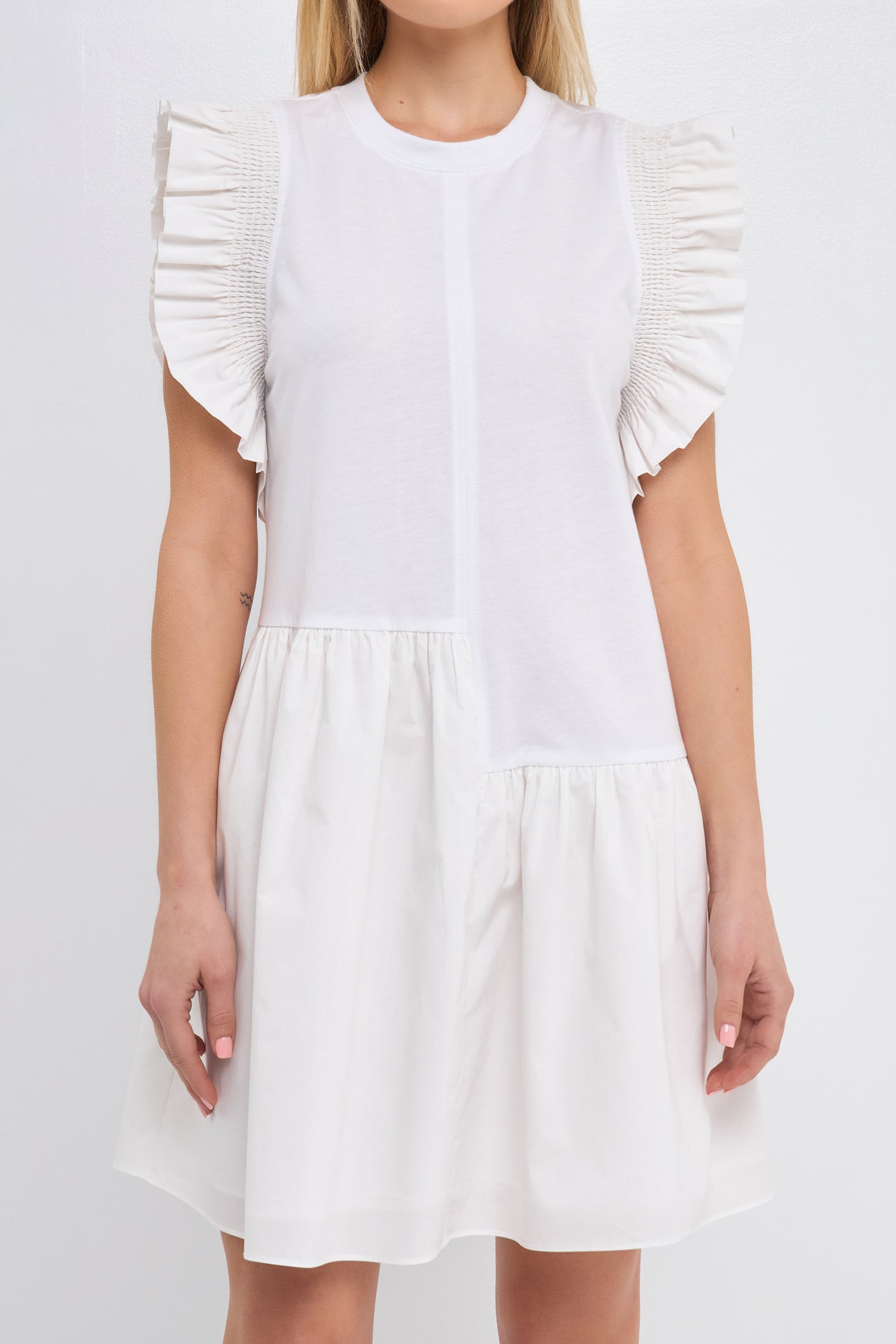 ENGLISH FACTORY - Mixed Media Ruffled Detail Mini Dress - DRESSES available at Objectrare