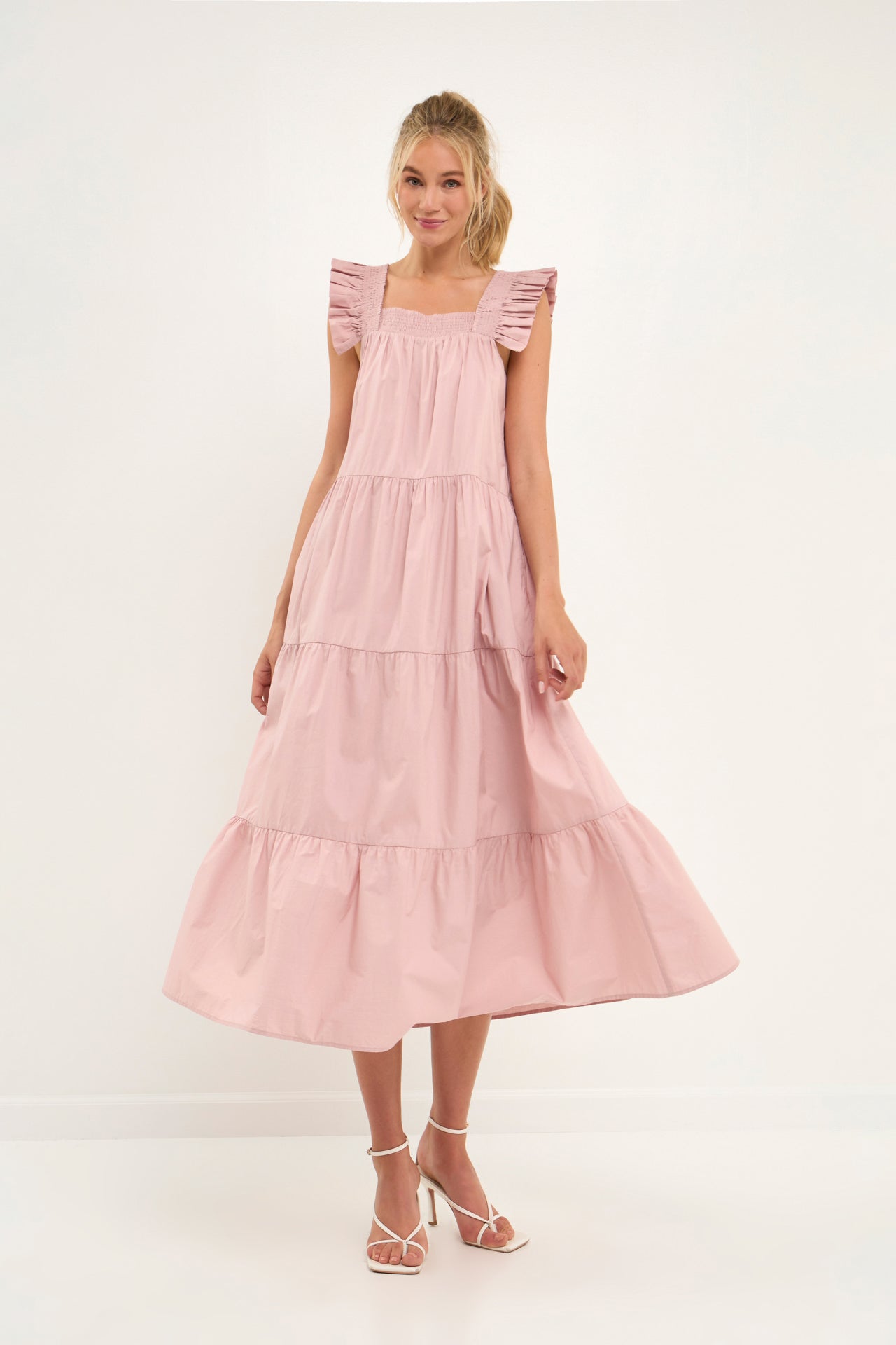 Square Neck Ruffle Detail Tiered Midi Dress
