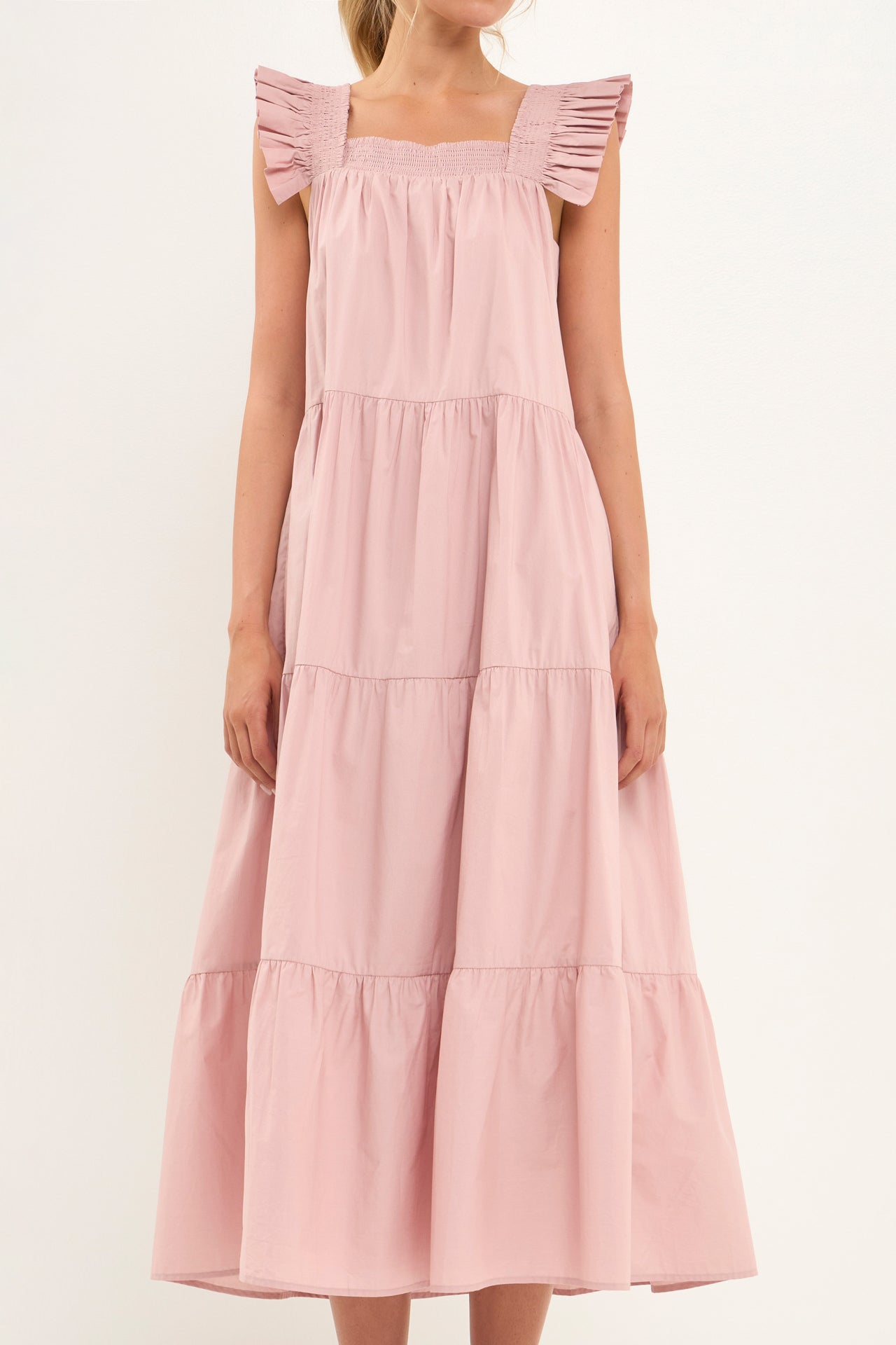 Square Neck Ruffle Detail Tiered Midi Dress