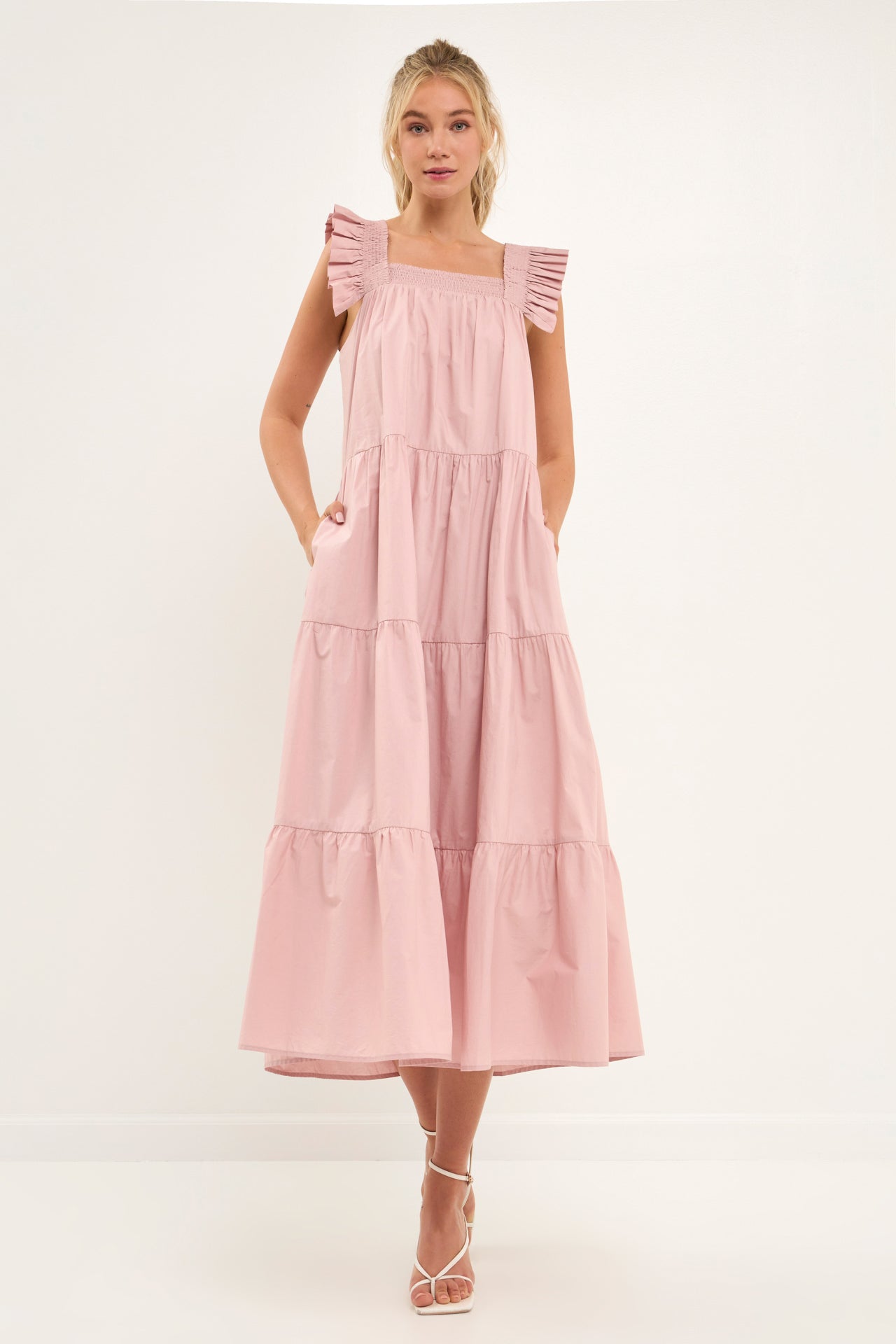 Square Neck Ruffle Detail Tiered Midi Dress