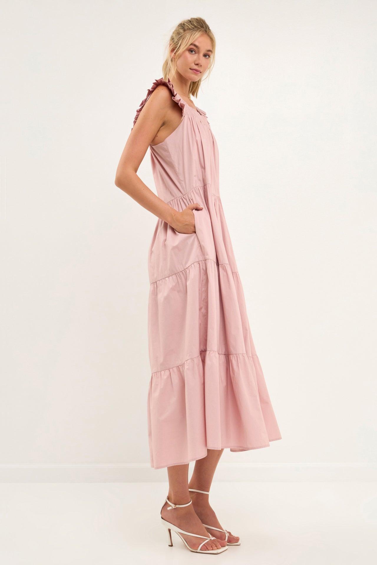 Square Neck Ruffle Detail Tiered Midi Dress