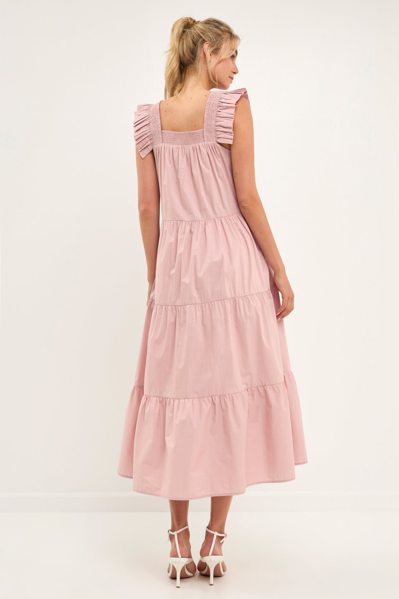 Square Neck Ruffle Detail Tiered Midi Dress