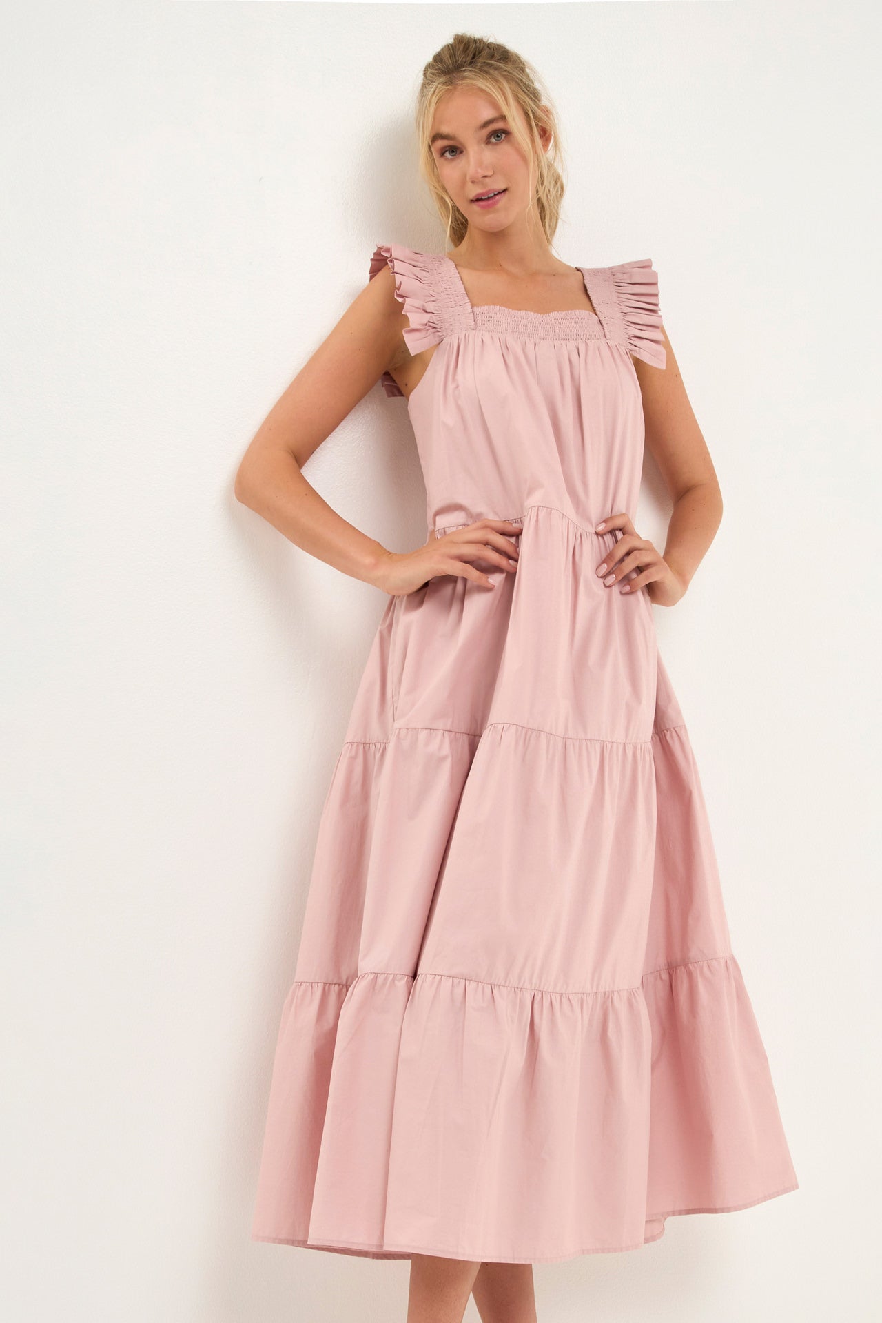 Square Neck Ruffle Detail Tiered Midi Dress