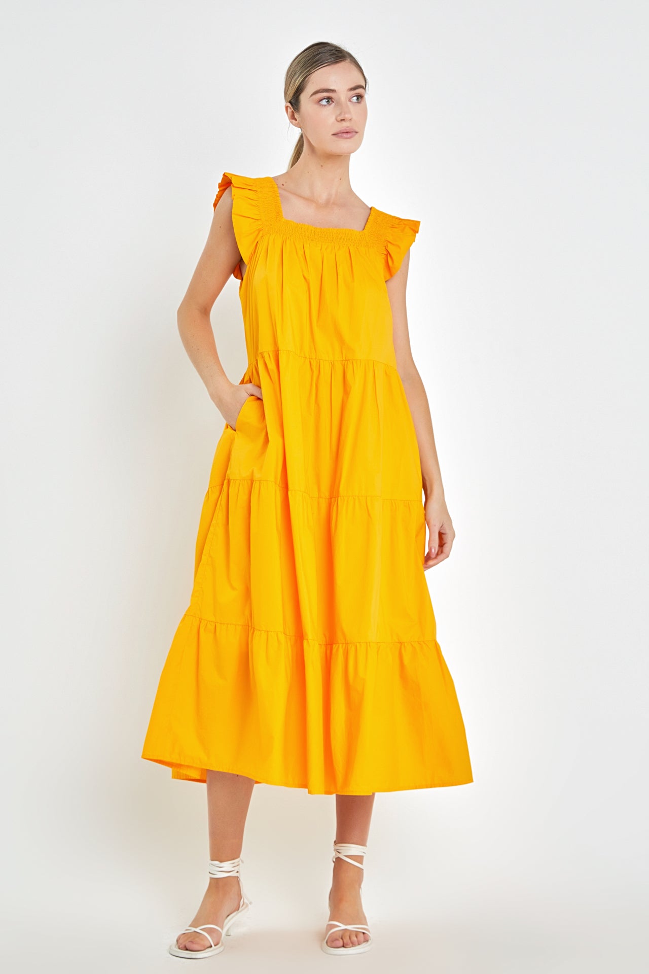 Square Neck Ruffle Detail Tiered Midi Dress