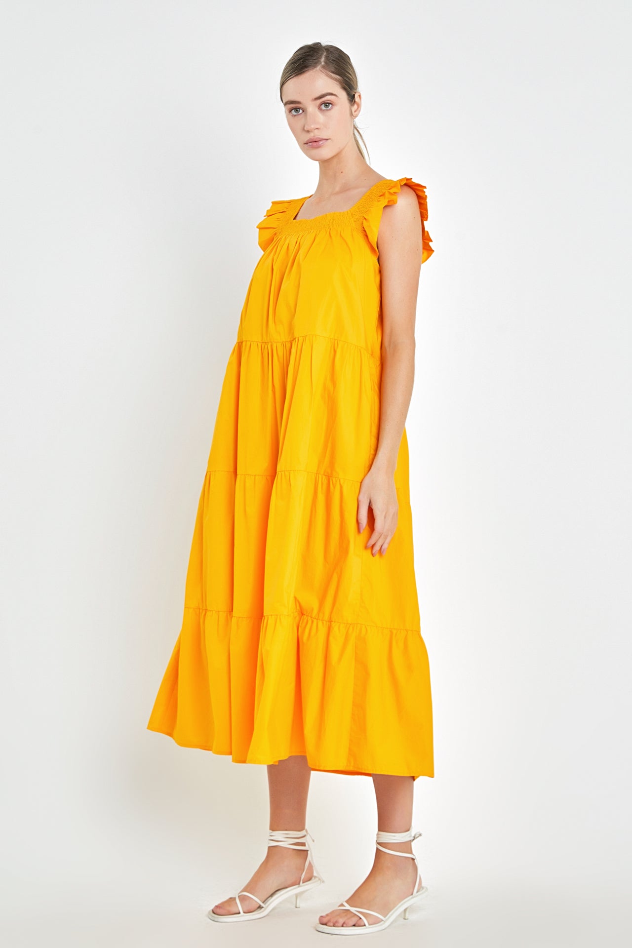 Square Neck Ruffle Detail Tiered Midi Dress