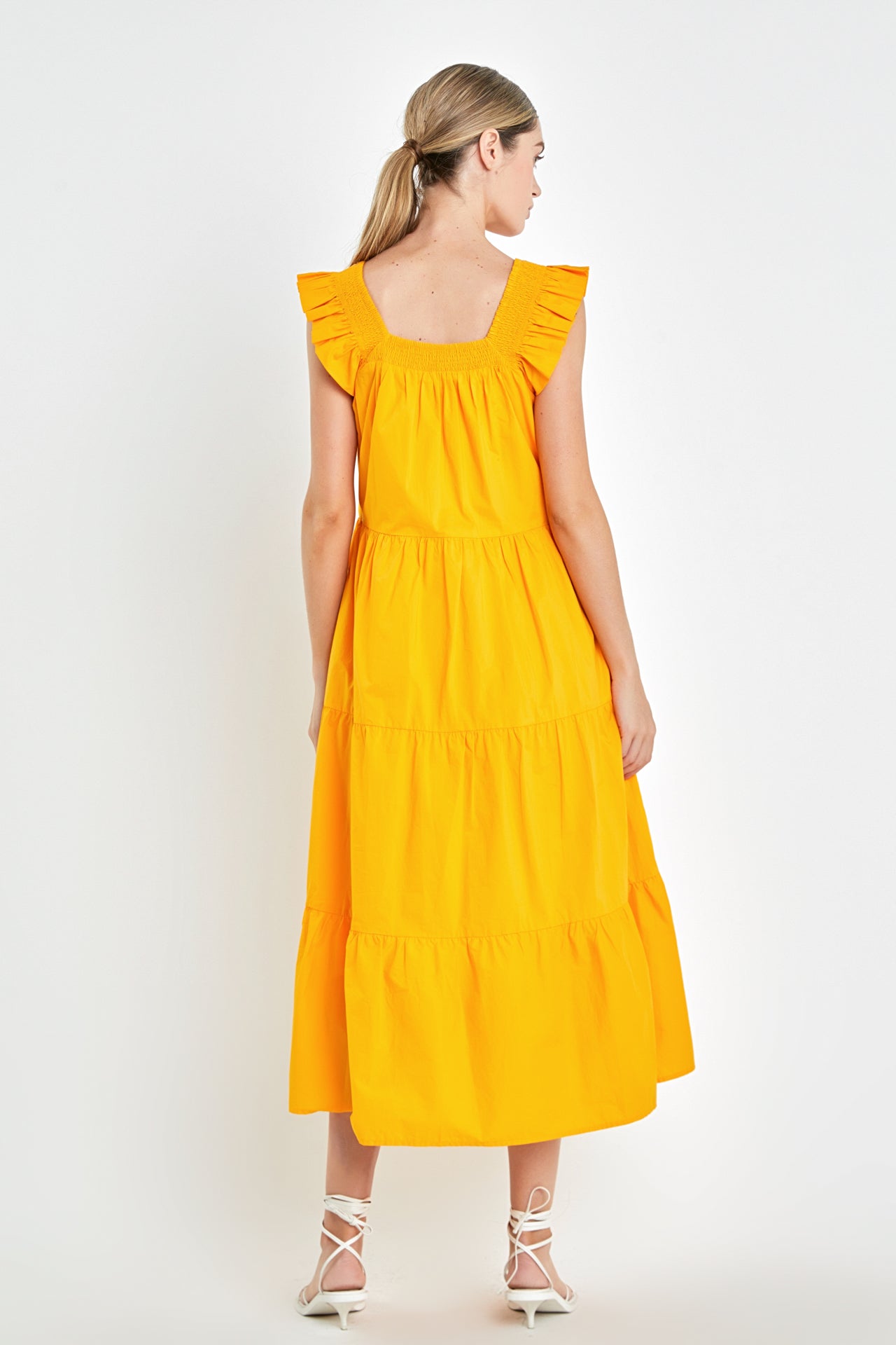 Square Neck Ruffle Detail Tiered Midi Dress