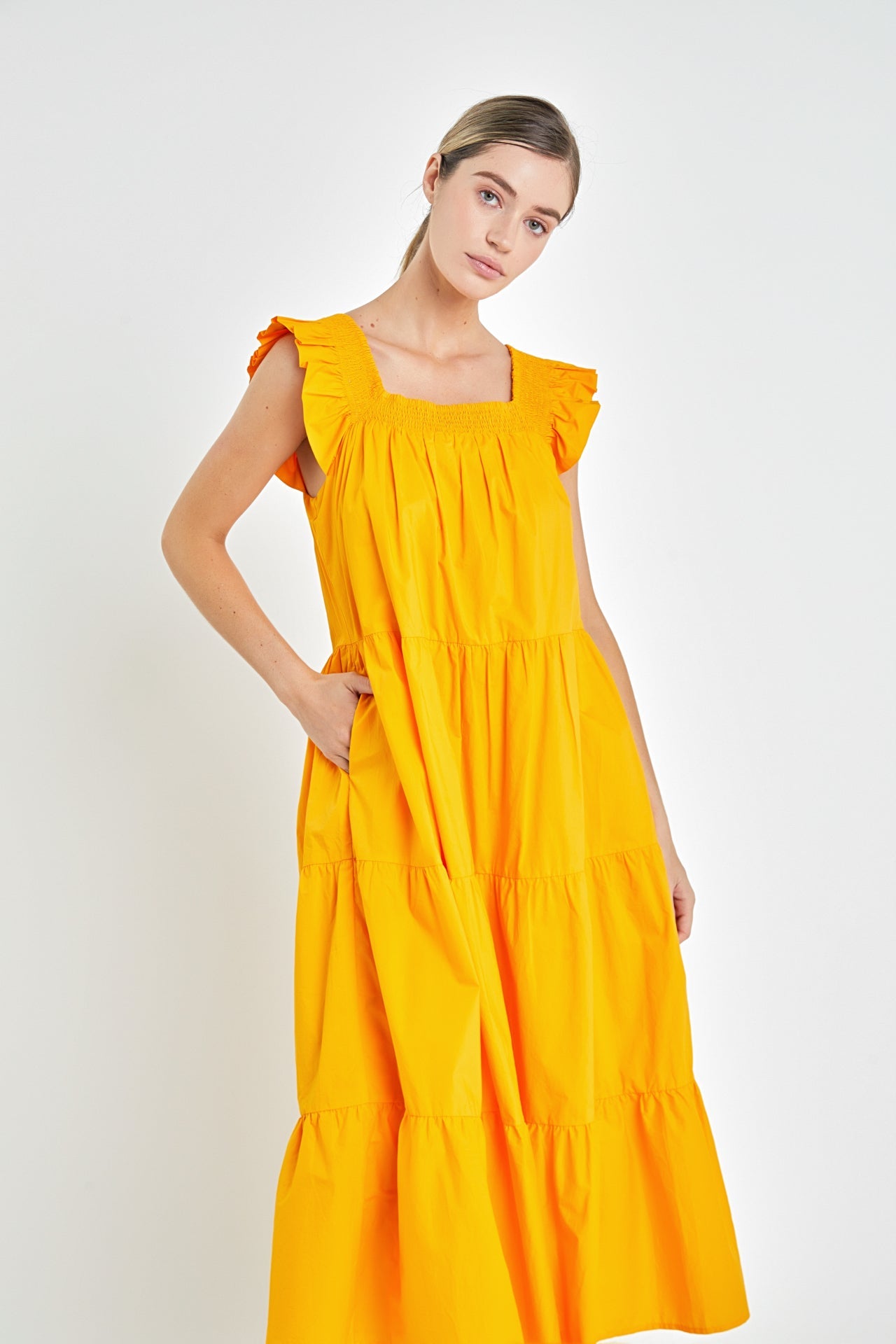 Square Neck Ruffle Detail Tiered Midi Dress