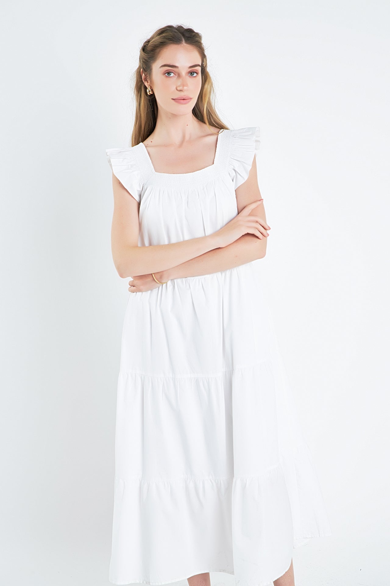 ENGLISH FACTORY - Square Neck Ruffle Detail Tiered Midi Dress - DRESSES available at Objectrare