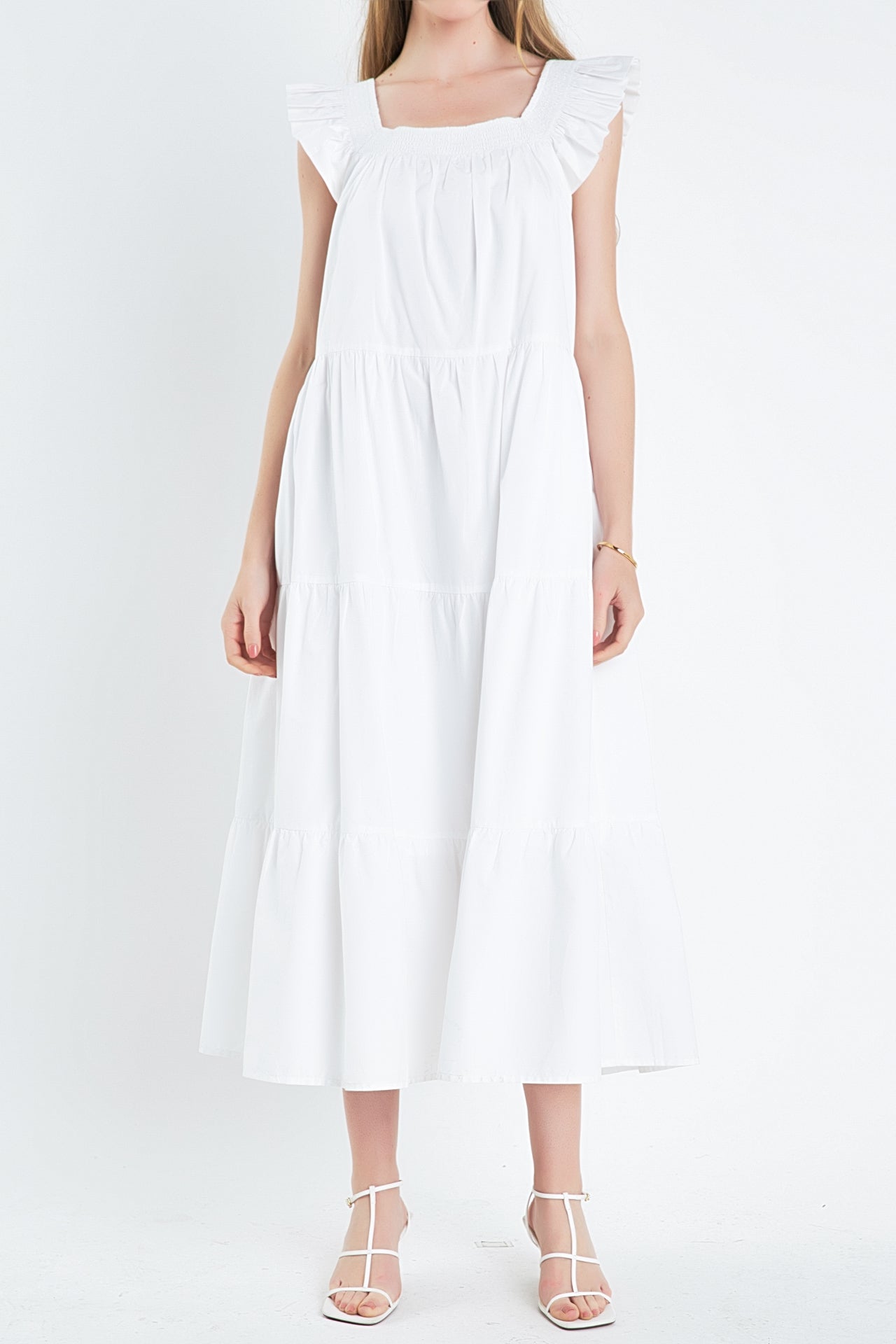 ENGLISH FACTORY - Square Neck Ruffle Detail Tiered Midi Dress - DRESSES available at Objectrare