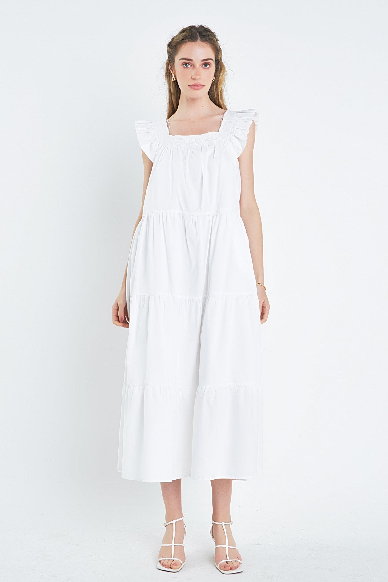 ENGLISH FACTORY - Square Neck Ruffle Detail Tiered Midi Dress - DRESSES available at Objectrare